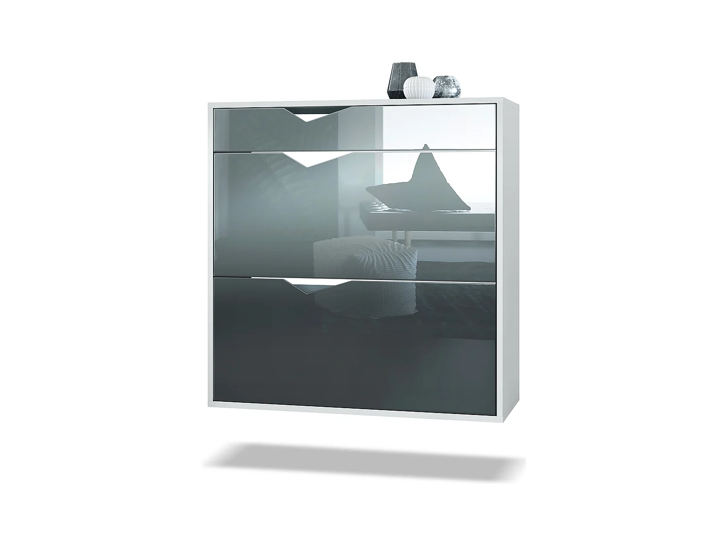 Scarpiera Kolmio 85 x 87 x 33 cm, struttura in bianco opaco, frontali in grigio lucido | Vasta scelta di colori
