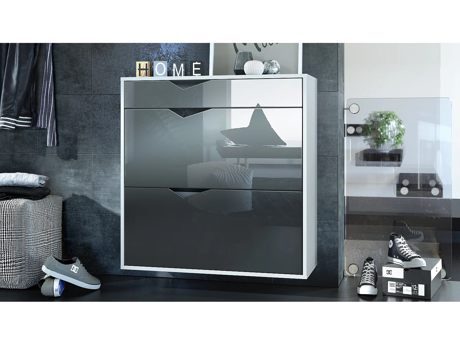 Scarpiera Kolmio 85 x 87 x 33 cm, struttura in bianco opaco, frontali in grigio lucido | Vasta scelta di colori