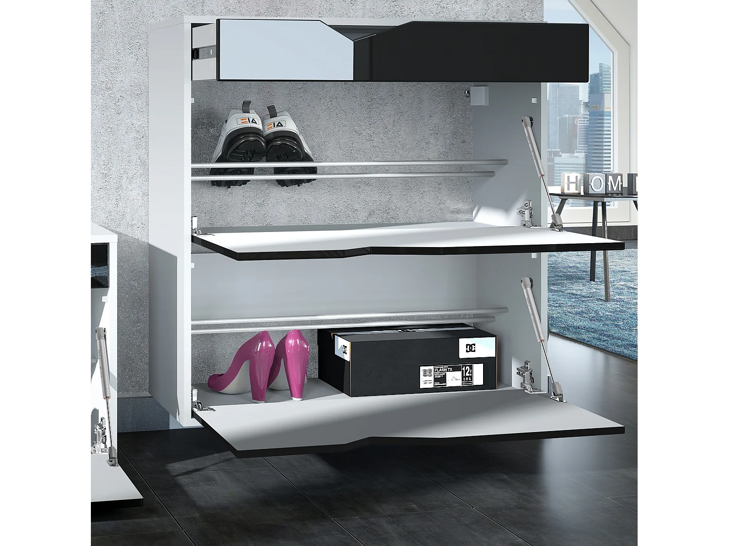 Scarpiera Kolmio 85 x 87 x 33 cm, struttura in bianco opaco, frontali in grigio lucido | Vasta scelta di colori