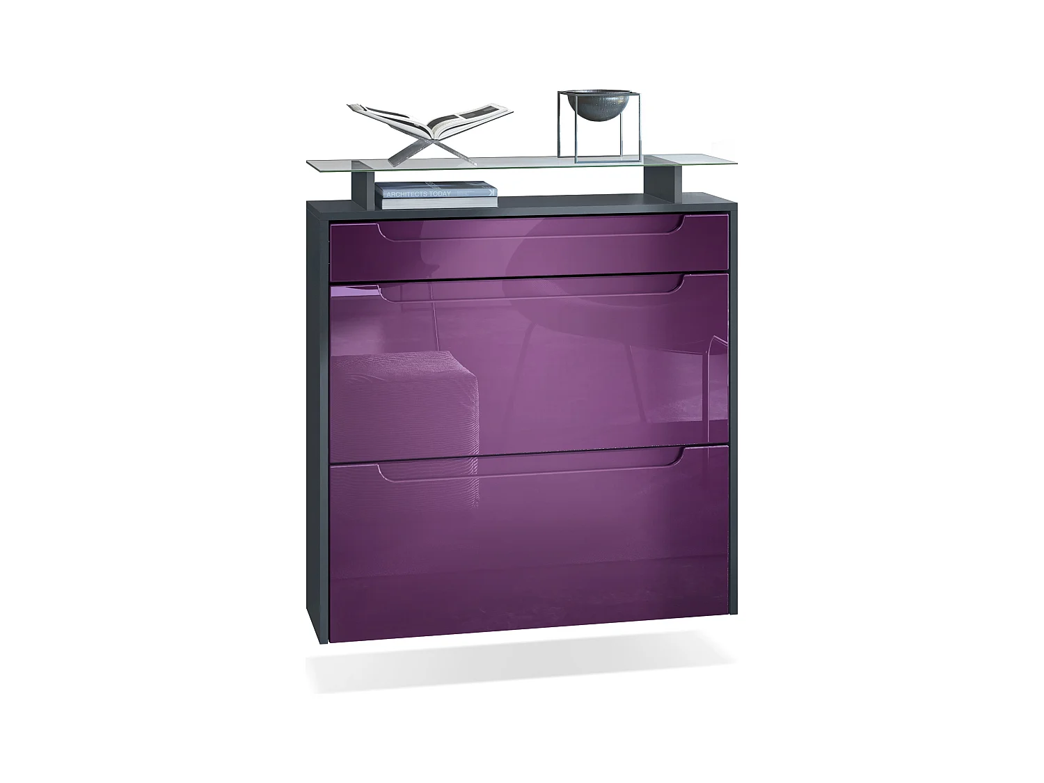 Meuble chaussures Annie pour 16 paires de chaussures avec clapets et tablette en verre, Anthracite mat/Mûre brillant, poignées Mûre brillant (89x96x23 cm)