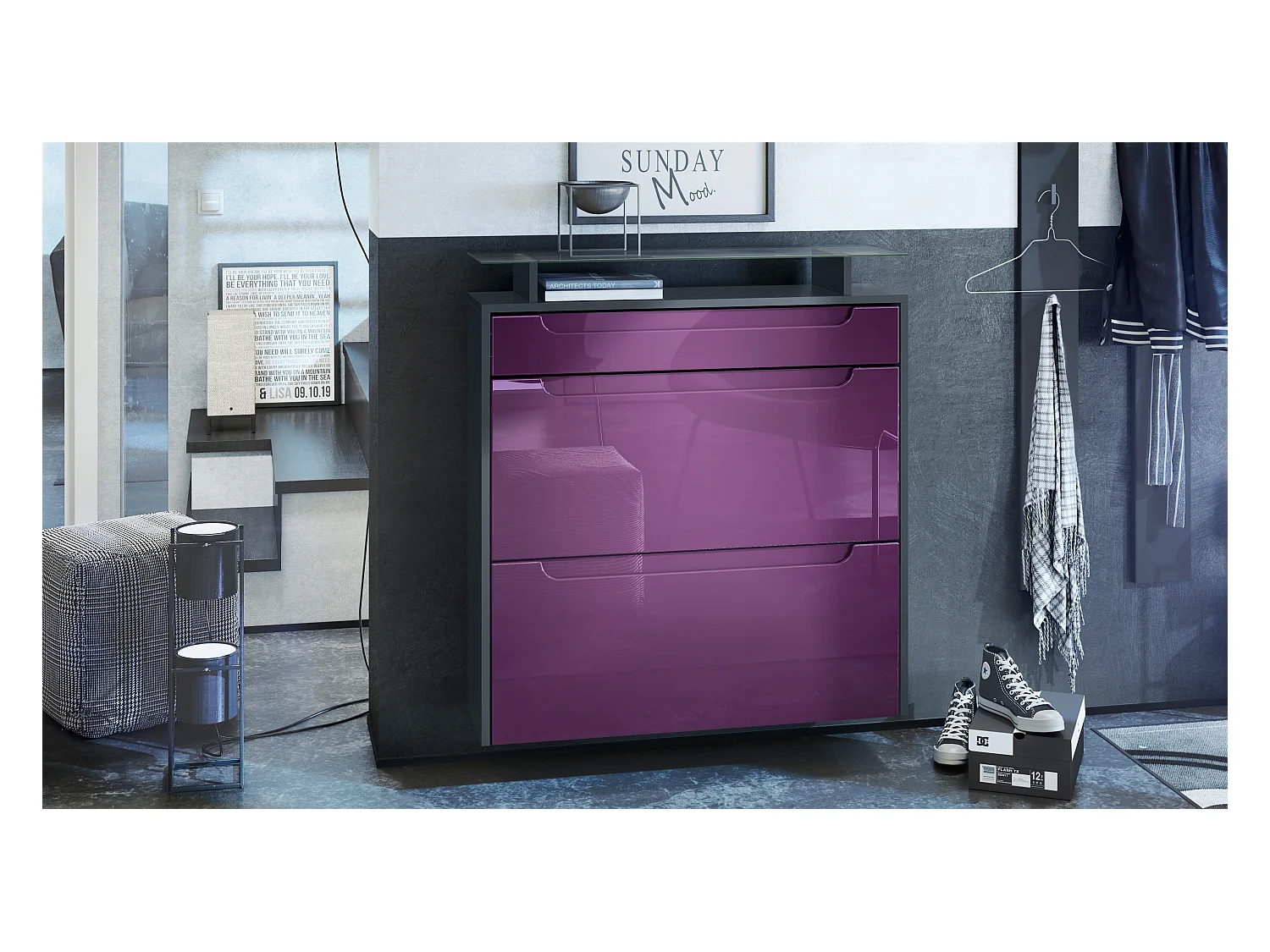Meuble chaussures Annie pour 16 paires de chaussures avec clapets et tablette en verre, Anthracite mat/Mûre brillant, poignées Mûre brillant (89x96x23 cm)