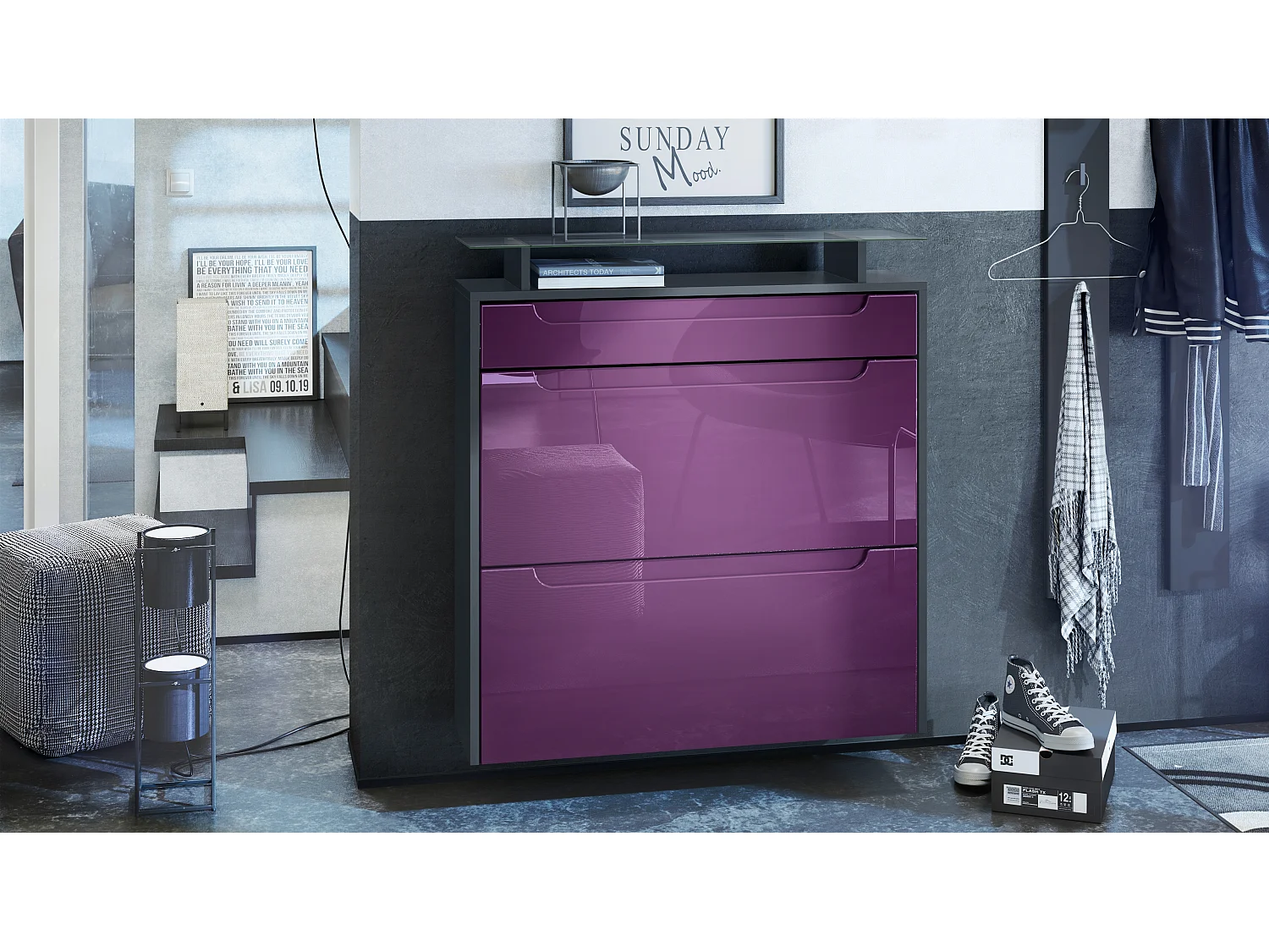 Scarpiera  Annie per 16 paia di scarpe con 2 ante a ribalta e ripiano in vetro, antracite/ lampone lucido, maniglie incassate in lampone lucido (89 x 96 x 23 cm)