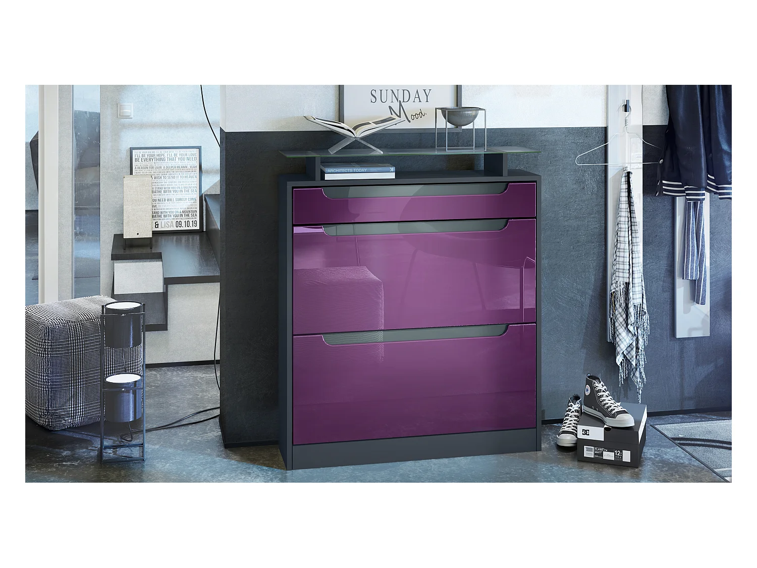 Meuble chaussure Fiesta pour 16 paires de chaussures avec clapets et tablette en verre, Anthracite mat/Mûre brillant, poignées Gris brillant (89x104x23 cm)