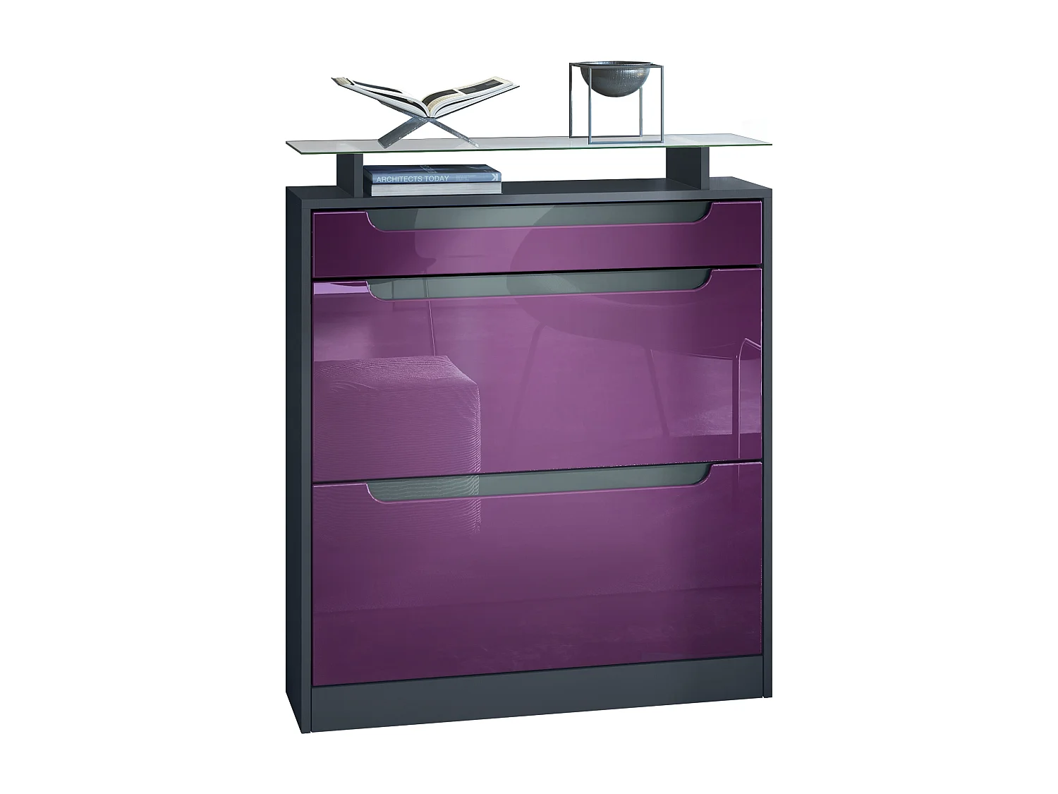 SCHUHSCHRANK Fiesta Fronten in Brombeer Hochglanz, Griffmulden in Grau Hochglanz