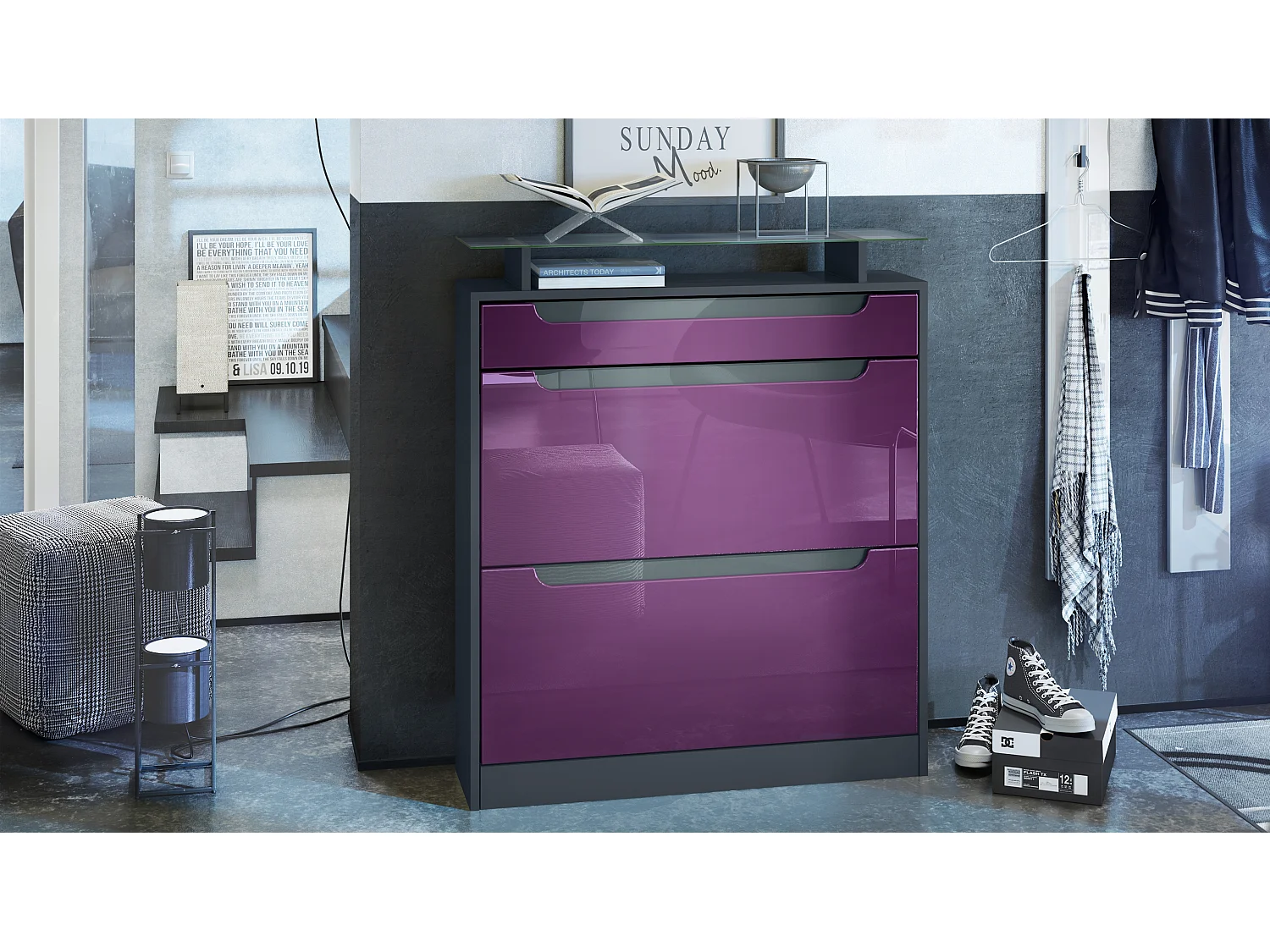 SCHUHSCHRANK Fiesta Fronten in Brombeer Hochglanz, Griffmulden in Grau Hochglanz
