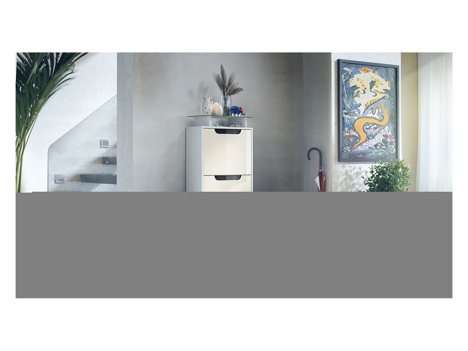 Meuble à chaussures Space V2, Range-chaussures pour 12 paires de chaussures avec 3 abattants et étagère en verre, blanc mat/crème brillant (46 x 128 x 23 cm)