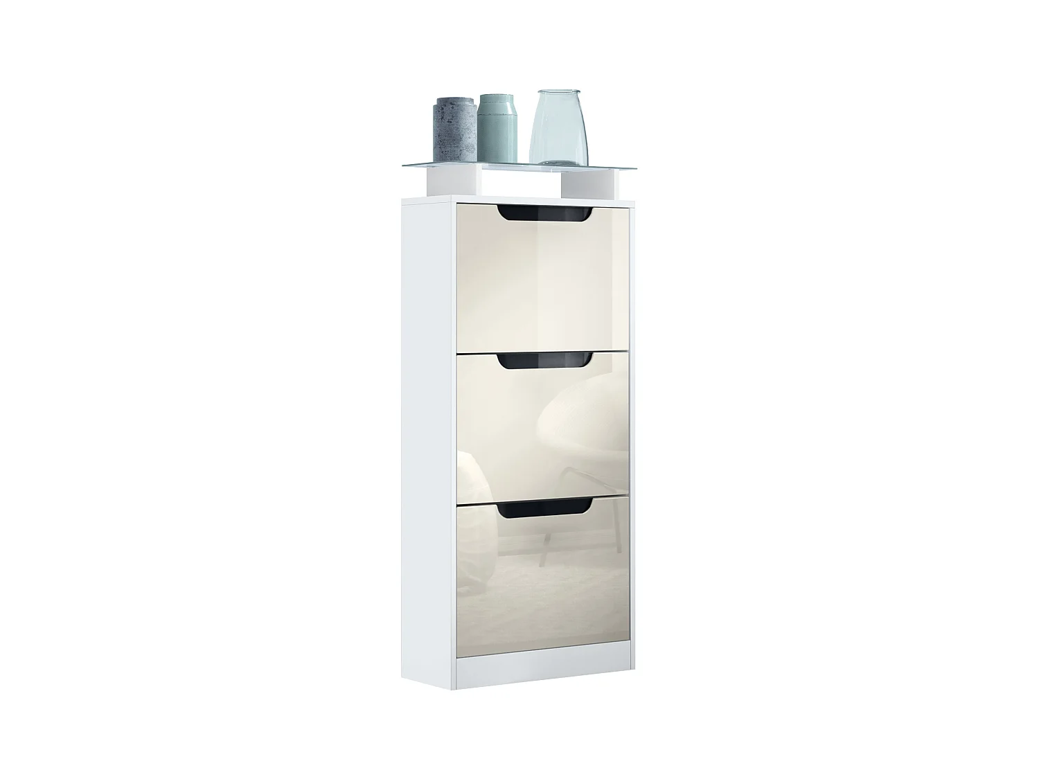 Meuble à chaussures Space V2, Range-chaussures pour 12 paires de chaussures avec 3 abattants et étagère en verre, blanc mat/crème brillant (46 x 128 x 23 cm)