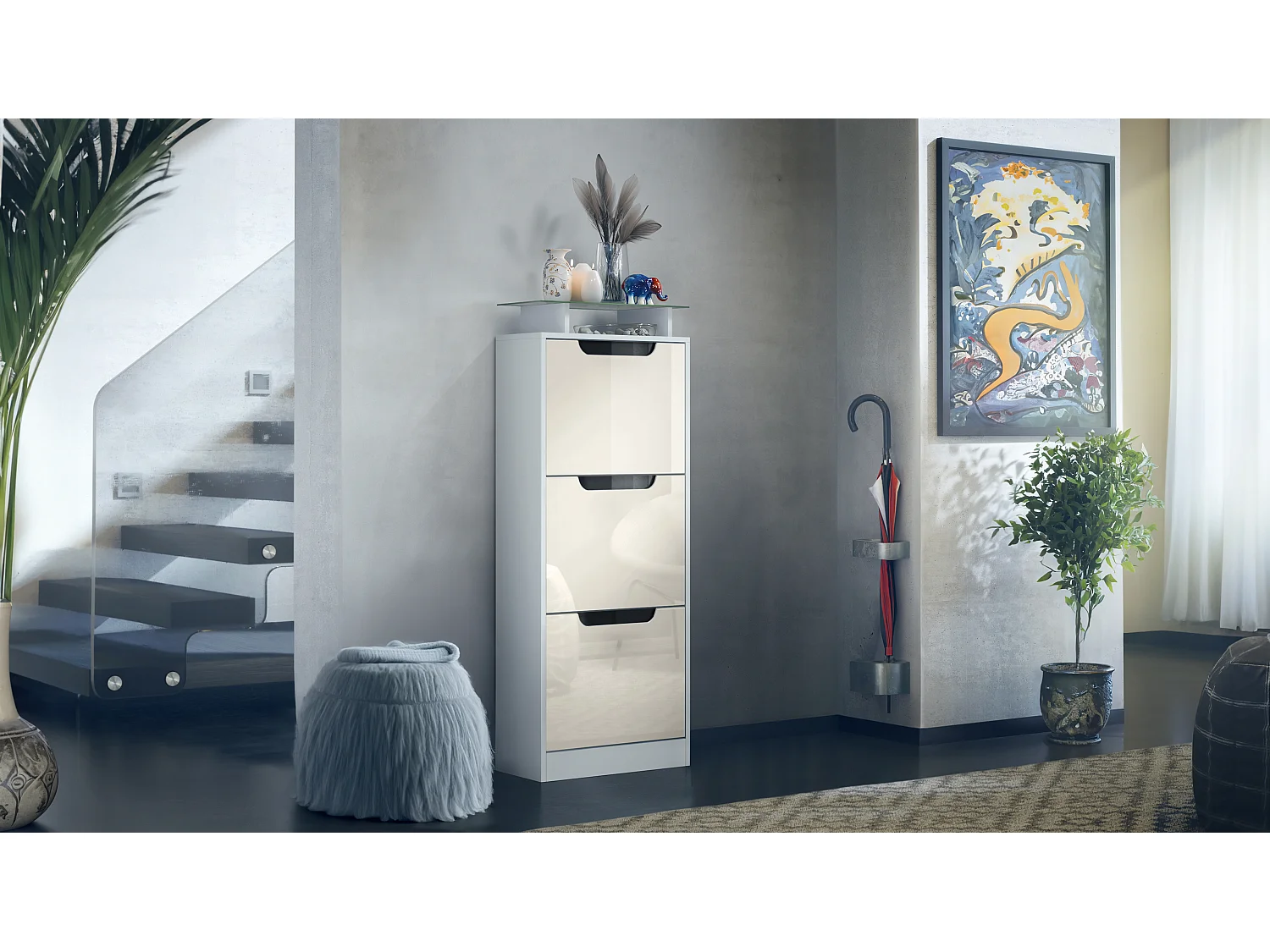 Vladon Scarpiera Space V2, Scarpiera per 12 paia di scarpe con 3 ribalte e ripiano in vetro, bianco opaco/beige lucido (46 x 128 x 23 cm)