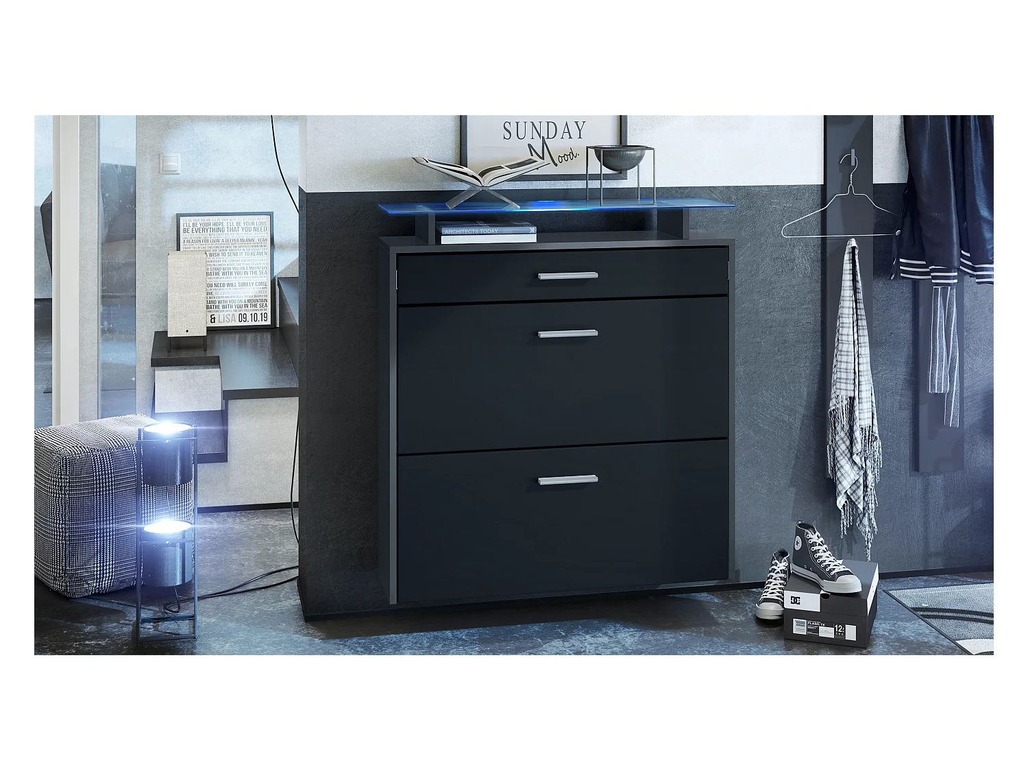 Armoire à chaussures Malea de , anthracite mat/noir mat y compris LED - basculeur à chaussures suspendu pour 16 paires de chaussures (89 x 96 x 23 cm)