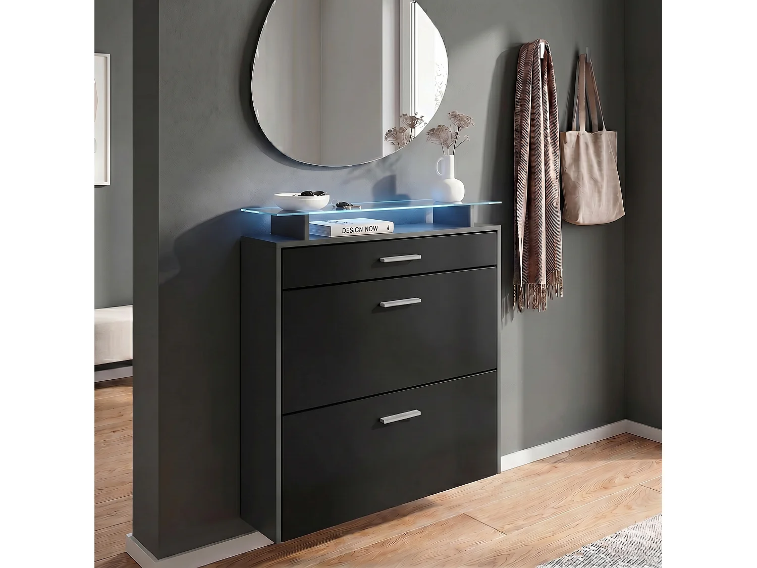 Scarpiera Vladon Malea, antracite opaco /nero opaco incl. LED - carrello appeso per 16 paia di scarpe (89 x 96 x 23 cm)