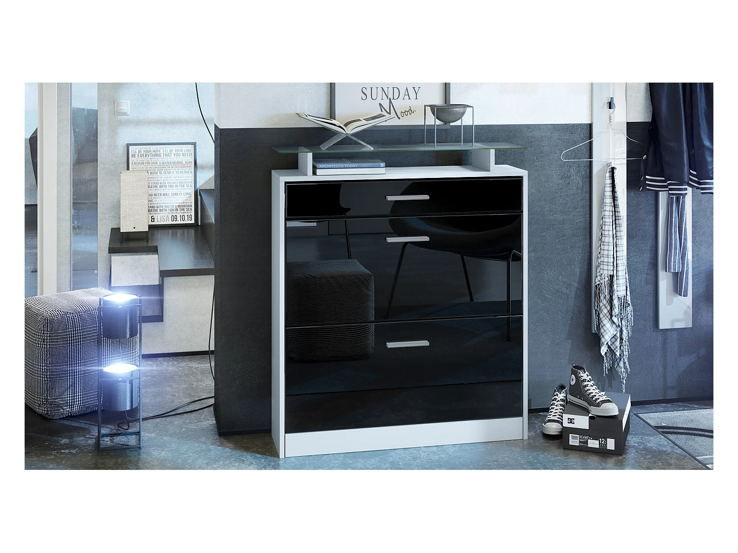 SCHUHSCHRANK Loret Front in Schwarz Hochglanz