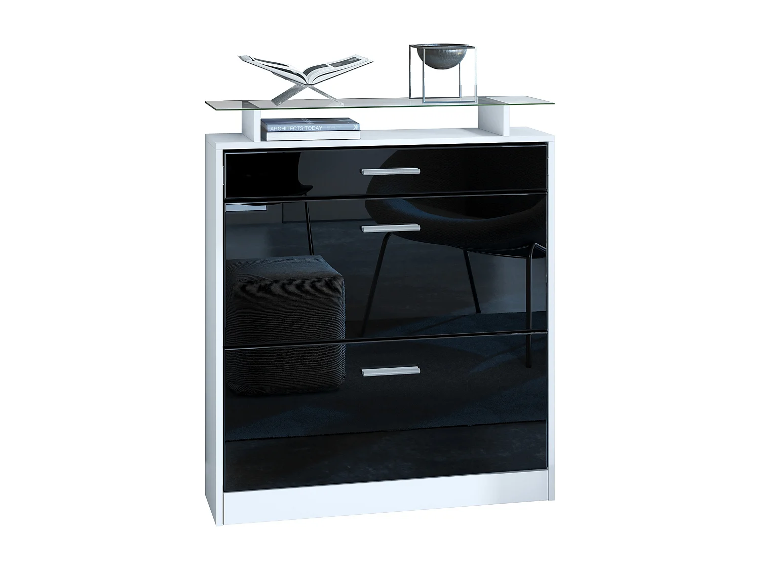 Scarpiera  Loret, mobile per 16 paia di scarpe con 2 ante a ribalta, 1 cassetto e ripiano in vetro, bianco opaco/nero lucido (89 x 104 x 23 cm)