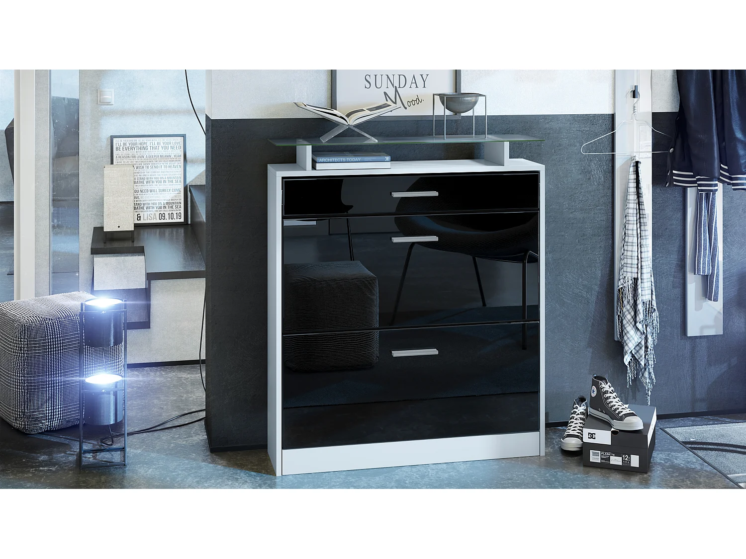 Scarpiera  Loret, mobile per 16 paia di scarpe con 2 ante a ribalta, 1 cassetto e ripiano in vetro, bianco opaco/nero lucido (89 x 104 x 23 cm)