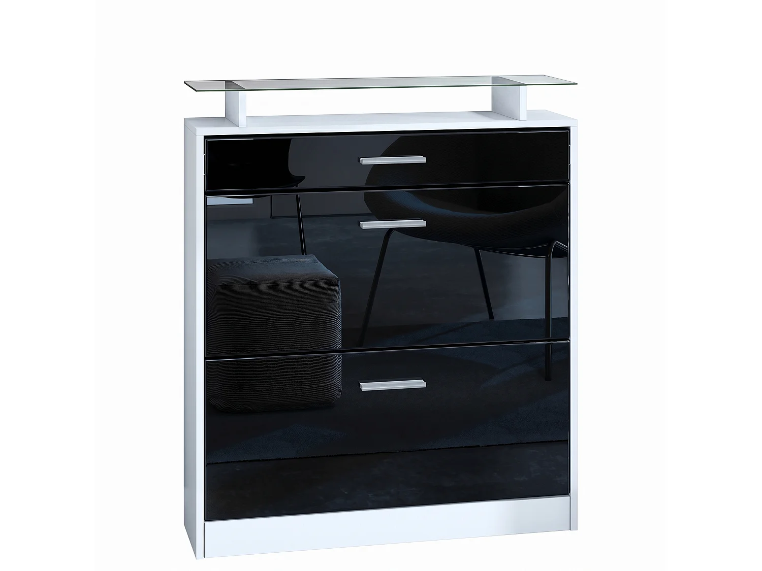 Meuble chaussure Loret, Étagère à chaussures pour 16 paires de chaussures avec 2 clapets à bascule, 1 tiroir, Blanc mat/Noir brillant (89 x 104 x 23 cm)