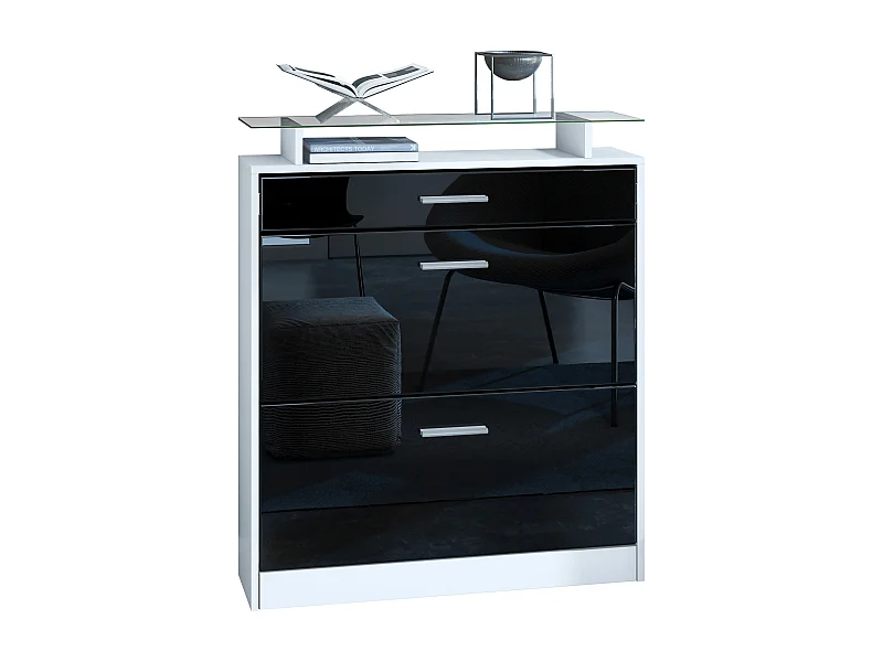 Meuble chaussure Loret, Étagère à chaussures pour 16 paires de chaussures avec 2 clapets à bascule, 1 tiroir, Blanc mat/Noir brillant (89 x 104 x 23 cm)