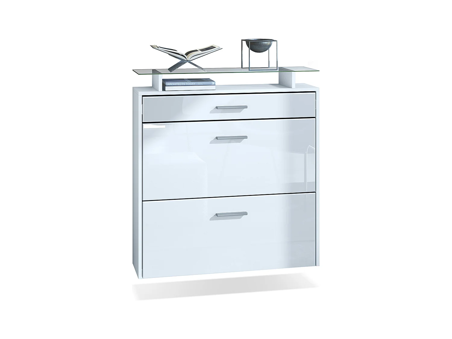 Meuble chaussures Malea, Armoire à chaussures murale pour 16 paires avec 2 clapets, 1 tiroir, Blanc mat/Blanc brillant (89 x 96 x 23 cm)