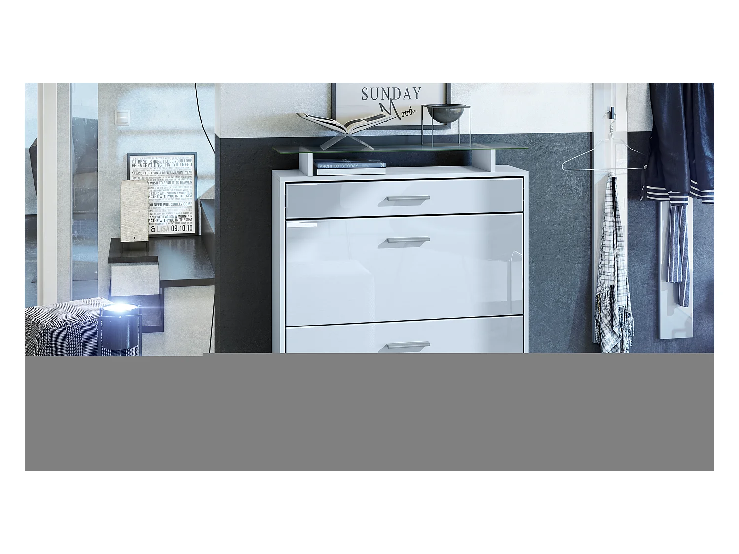 Meuble chaussures Malea, Armoire à chaussures murale pour 16 paires avec 2 clapets, 1 tiroir, Blanc mat/Blanc brillant (89 x 96 x 23 cm)