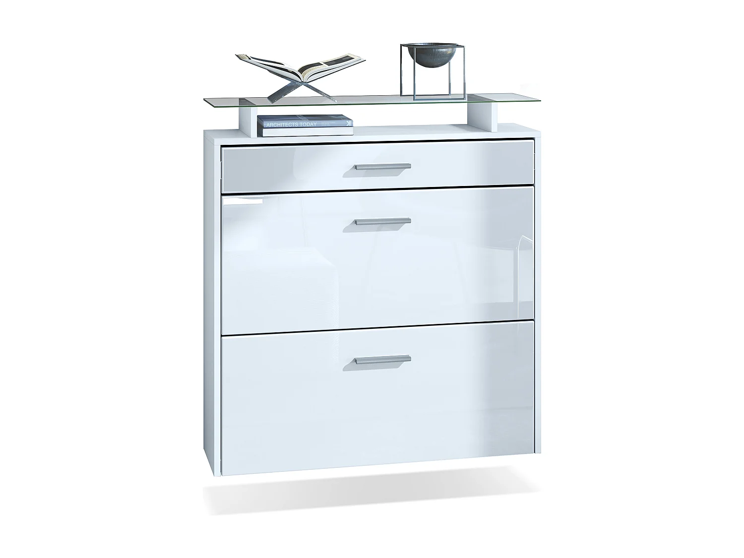 Meuble chaussures Malea, Armoire à chaussures murale pour 16 paires avec 2 clapets, 1 tiroir, Blanc mat/Blanc brillant (89 x 96 x 23 cm)