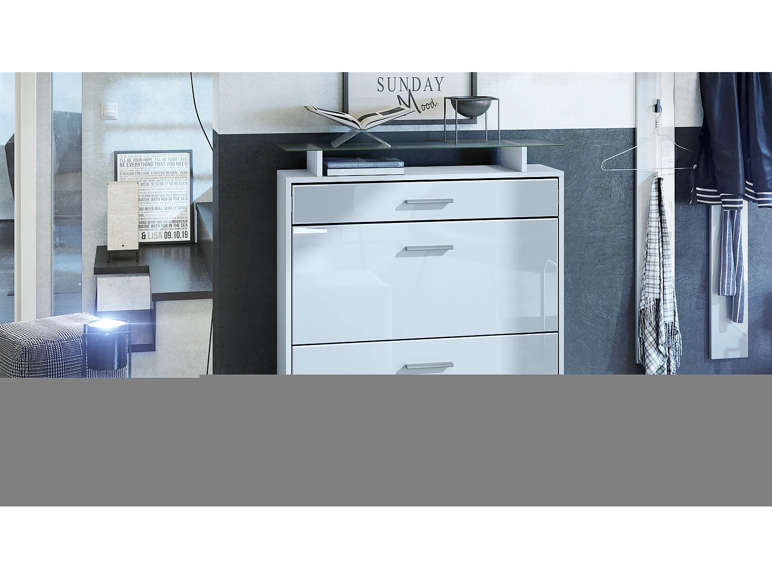 Meuble chaussures Malea, Armoire à chaussures murale pour 16 paires avec 2 clapets, 1 tiroir, Blanc mat/Blanc brillant (89 x 96 x 23 cm)