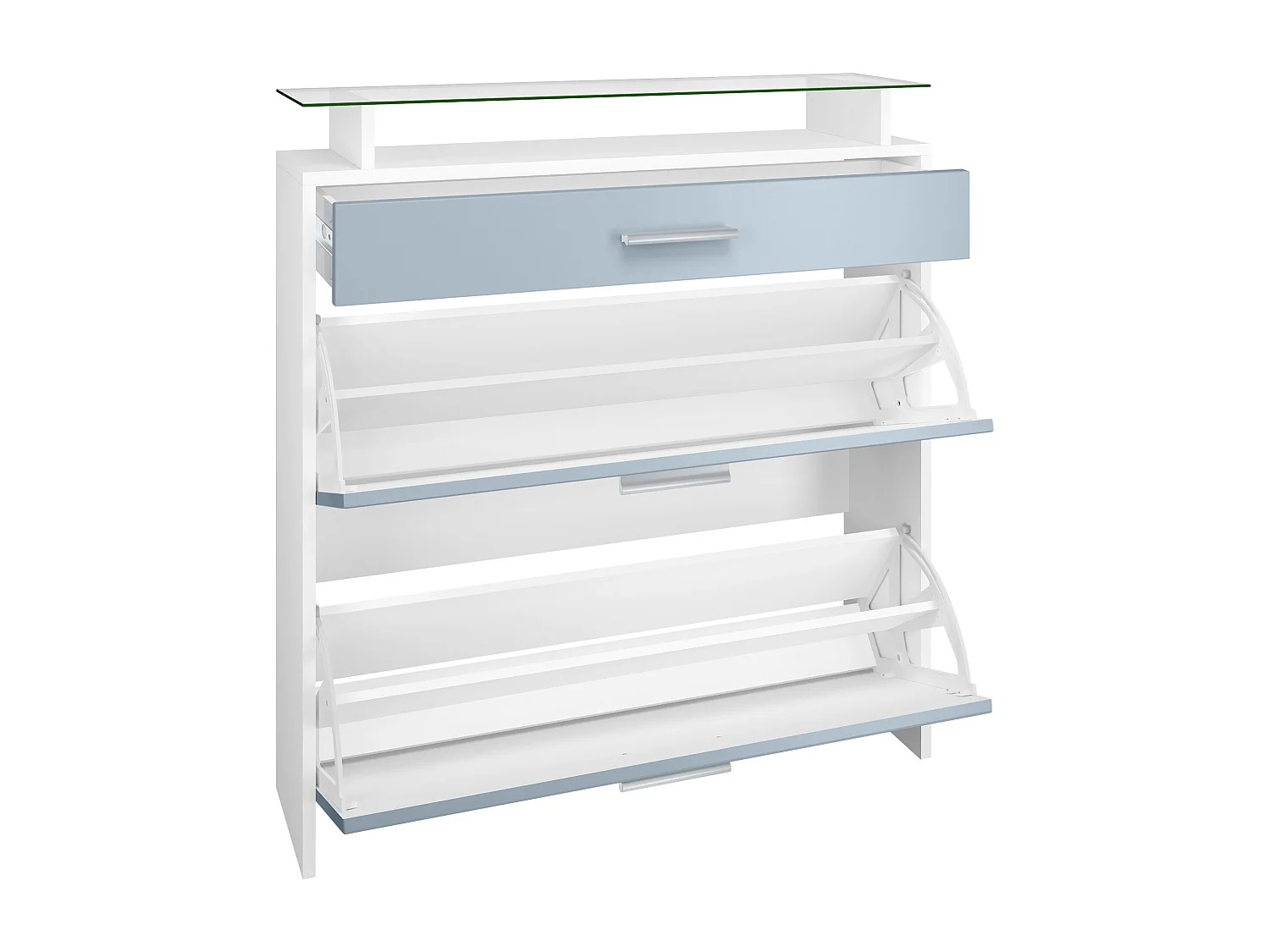 Meuble chaussures Malea, Armoire à chaussures murale pour 16 paires avec 2 clapets, 1 tiroir, Blanc mat/Blanc brillant (89 x 96 x 23 cm)