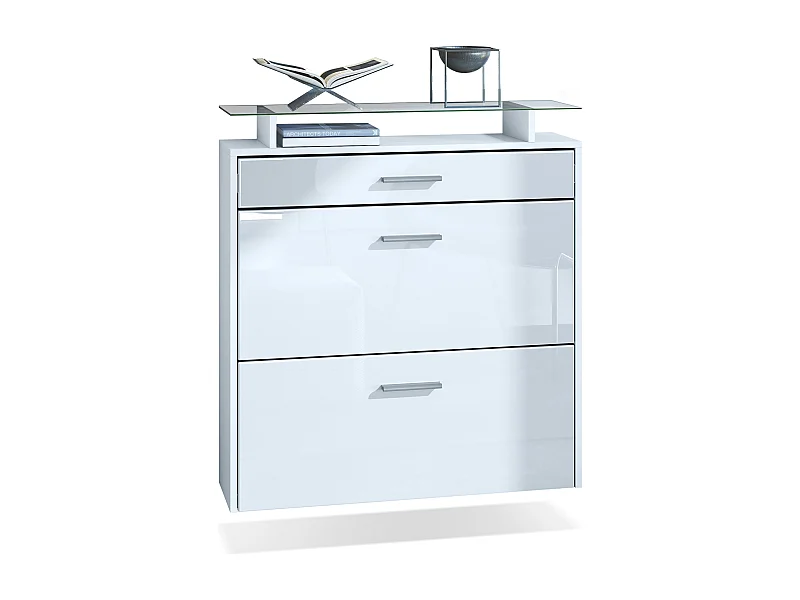 Meuble chaussures Malea, Armoire à chaussures murale pour 16 paires avec 2 clapets, 1 tiroir, Blanc mat/Blanc brillant (89 x 96 x 23 cm)