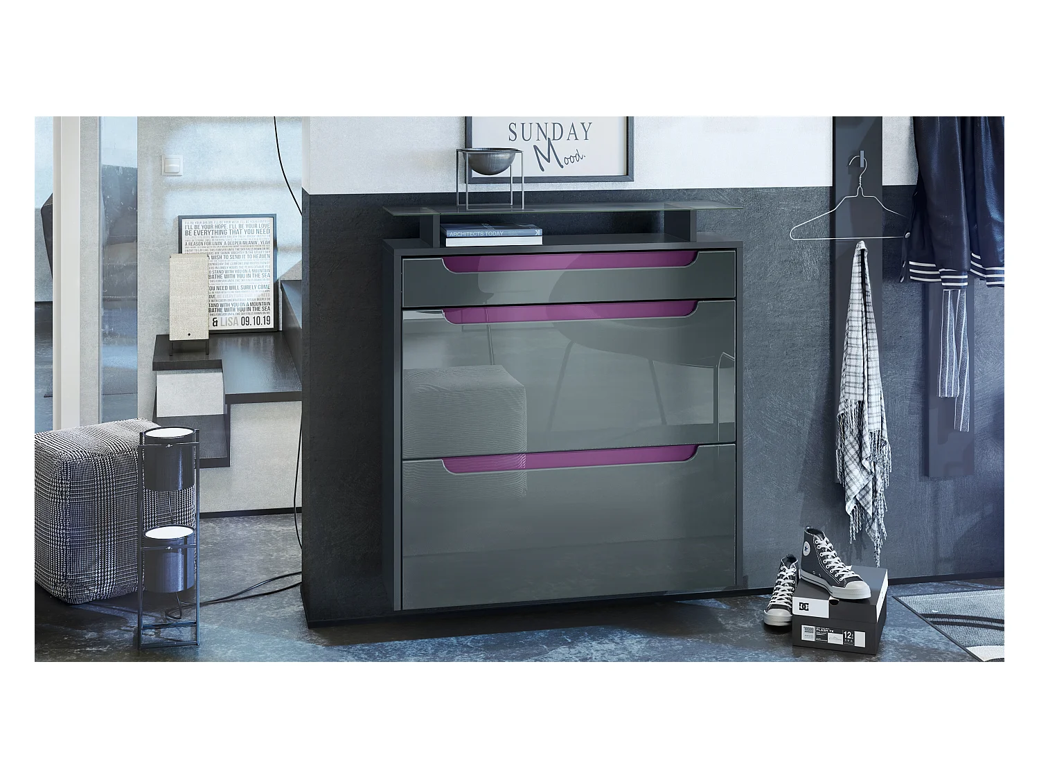 Meuble chaussures Annie pour 16 paires de chaussures avec clapets et tablette en verre, Anthracite mat/Gris brillant, poignées Mûre brillant (89x96x23 cm)