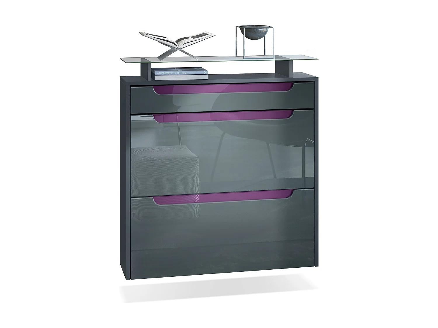 Scarpiera  Annie per 16 paia di scarpe con 2 ante a ribalta e ripiano in vetro, antracite/ grigio lucido, maniglie incassate in violetto-porpora (89 x 96 x 23 cm)