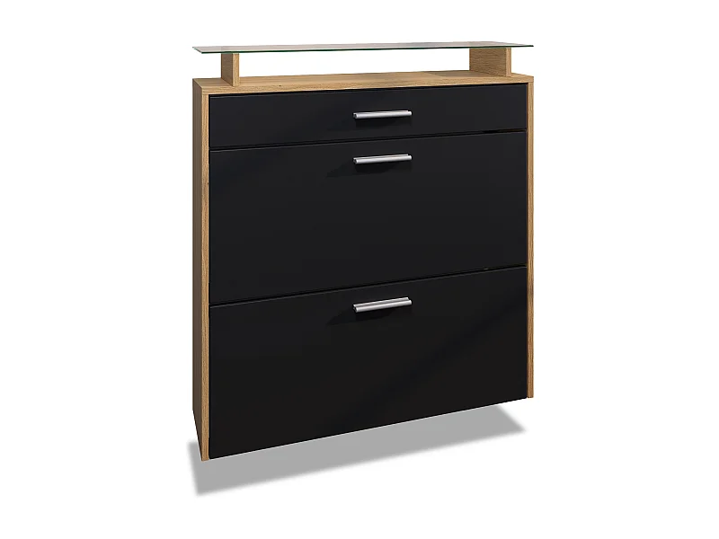 Meuble à Chaussures Malea – espace de rangement suspendu pour 16 paires avec 1 tiroir, Étagère à Chaussures en Chêne Scandi / noir mat (89 x 95,5 x 23 cm)