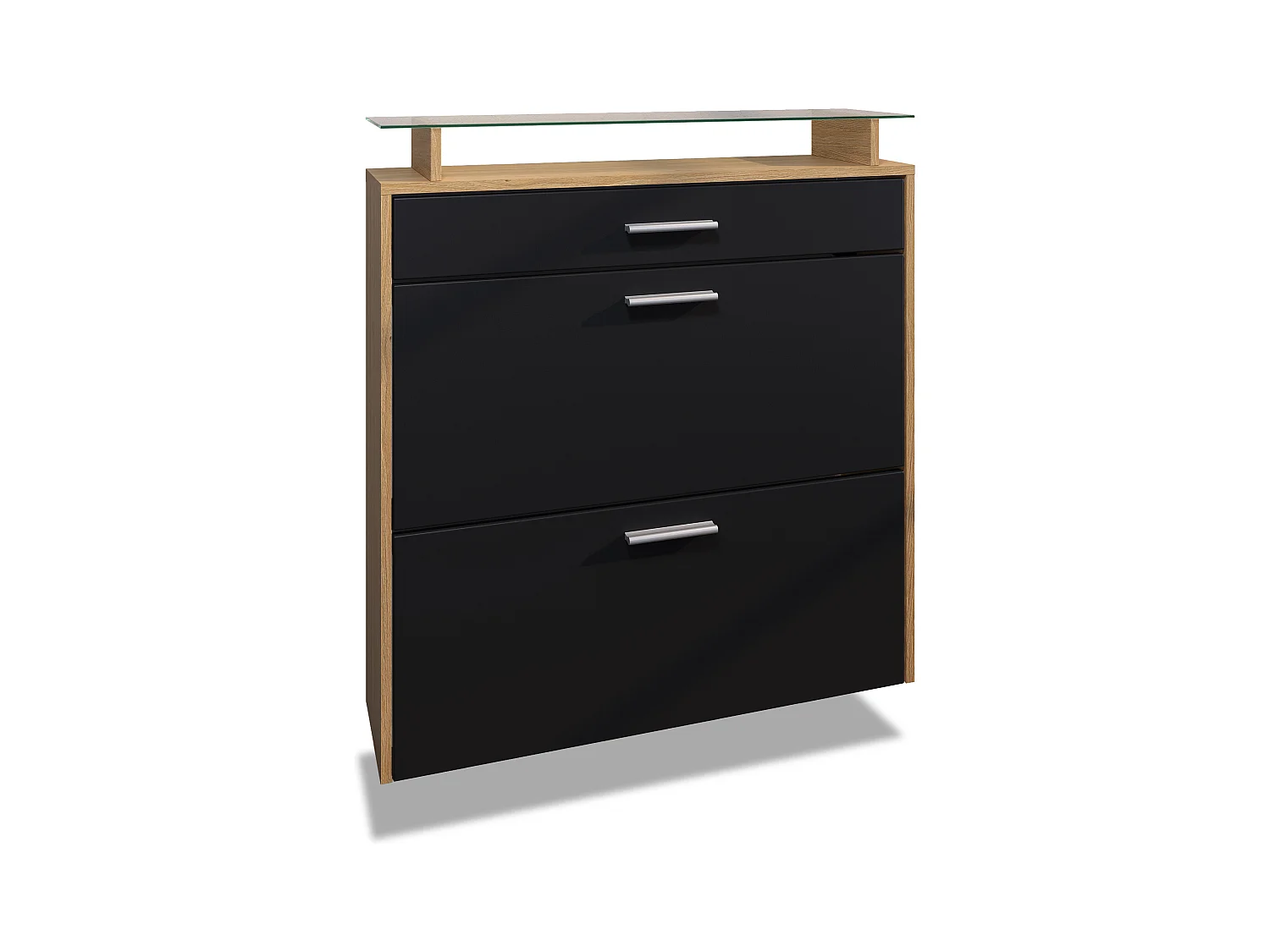 Meuble à Chaussures Malea – espace de rangement suspendu pour 16 paires avec 1 tiroir, Étagère à Chaussures en Chêne Scandi / noir mat (89 x 95,5 x 23 cm)