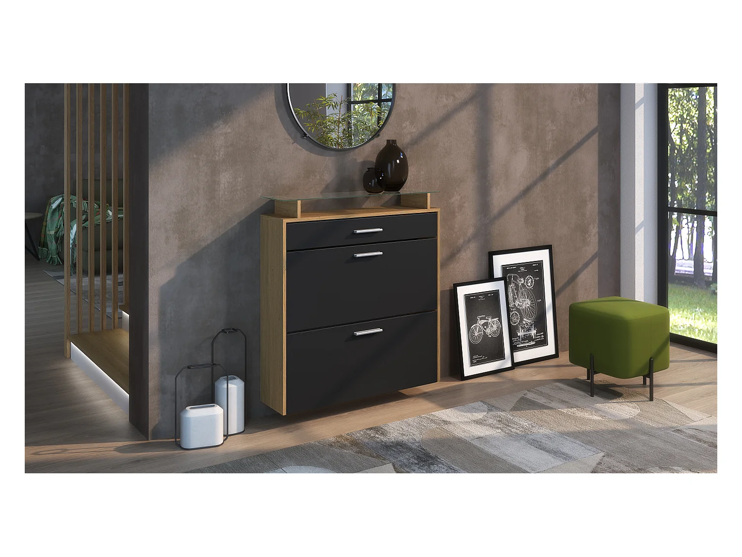 Meuble à Chaussures Malea – espace de rangement suspendu pour 16 paires avec 1 tiroir, Étagère à Chaussures en Chêne Scandi / noir mat (89 x 95,5 x 23 cm)