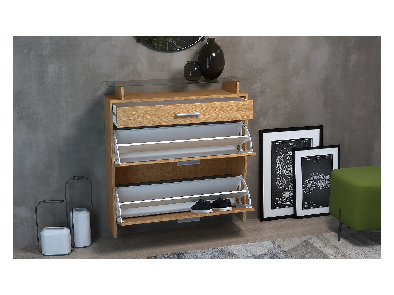 Meuble à Chaussures Malea – espace de rangement suspendu pour 16 paires avec 1 tiroir, Étagère à Chaussures en Chêne Scandi / noir mat (89 x 95,5 x 23 cm)