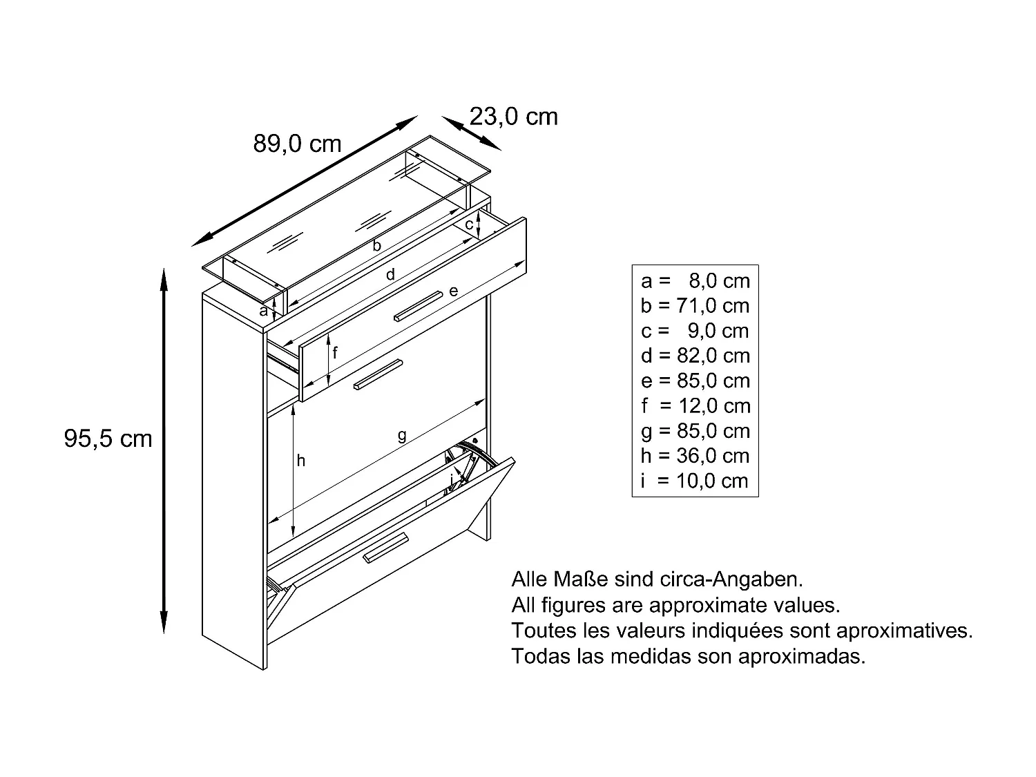 Scarpiera Malea – Scarpiera sospesa per 16 paia di scarpe con 1 cassetto, Scaffale per Scarpe in Rovere Scandi / nero opaco (89 x 95,5 x 23 cm)