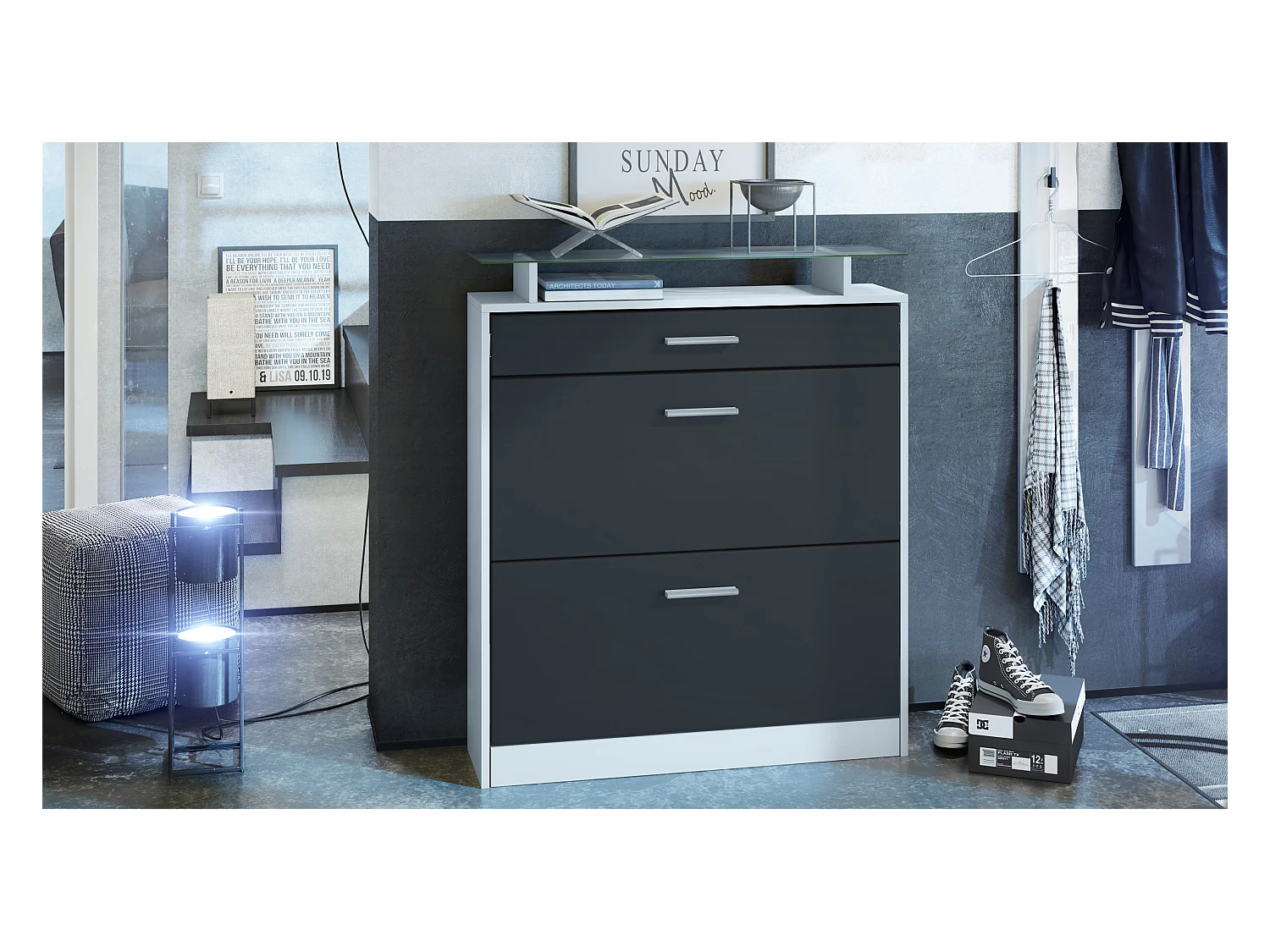 Meuble chaussure Loret, Étagère à chaussures pour 16 paires de chaussures avec 2 clapets à bascule, 1 tiroir, Blanc mat/Noir mat (89 x 104 x 23 cm)