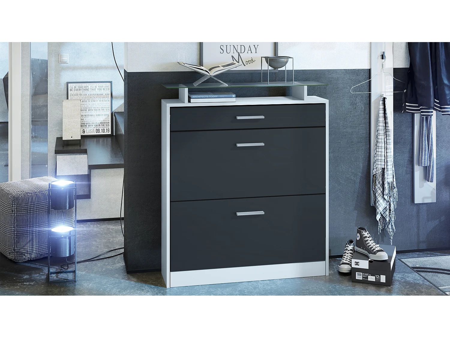 Meuble chaussure Loret, Étagère à chaussures pour 16 paires de chaussures avec 2 clapets à bascule, 1 tiroir, Blanc mat/Noir mat (89 x 104 x 23 cm)