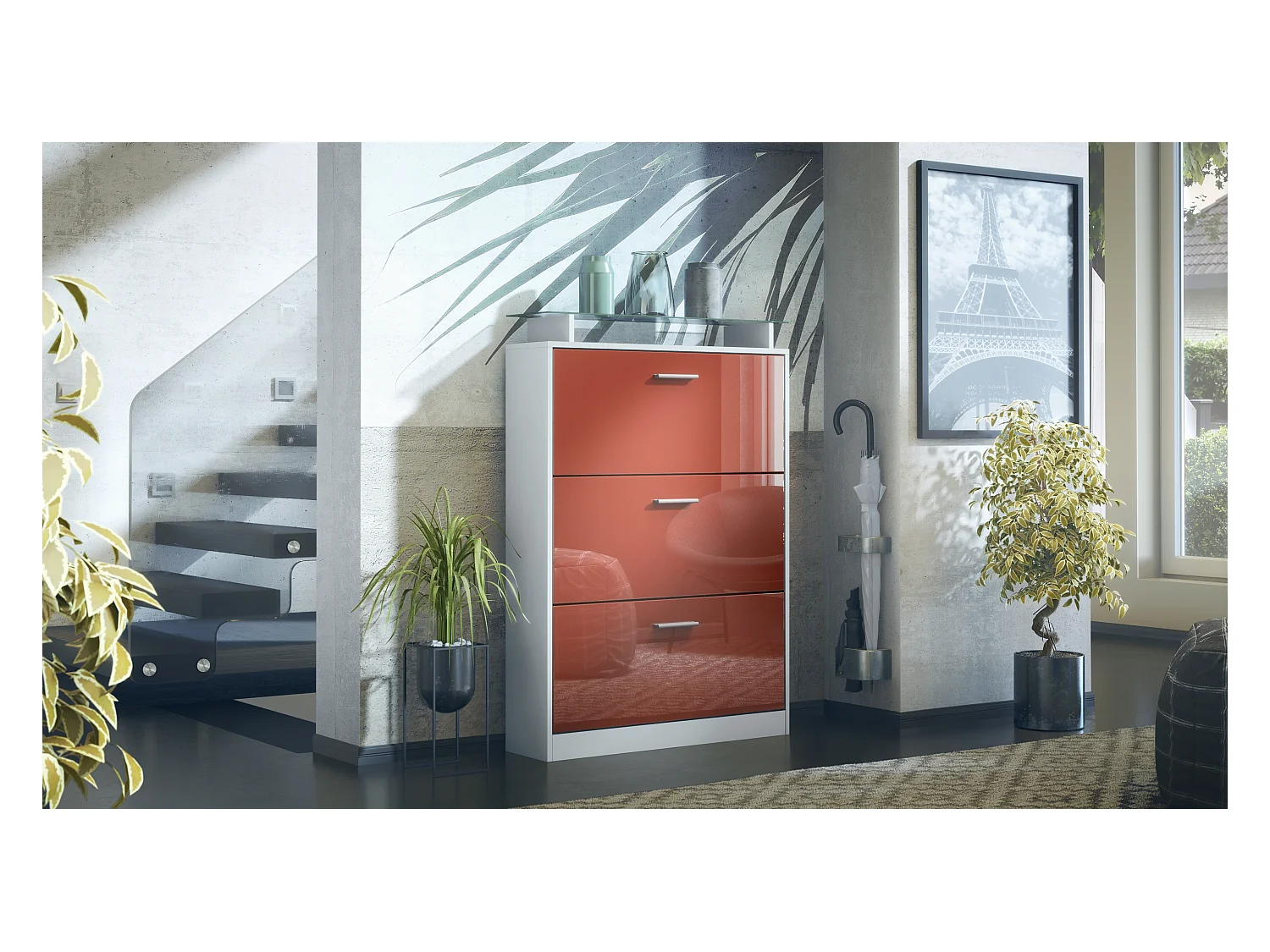 Meuble à chaussures Lavia, basculant pour 24 paires de chaussures avec 3 clapets et étagère en verre, Blanc mat/Bordeaux haute brillance (89 x 128 x 23 cm)