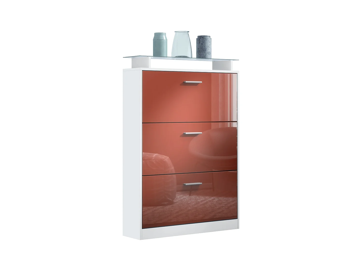 Meuble à chaussures Lavia, basculant pour 24 paires de chaussures avec 3 clapets et étagère en verre, Blanc mat/Bordeaux haute brillance (89 x 128 x 23 cm)
