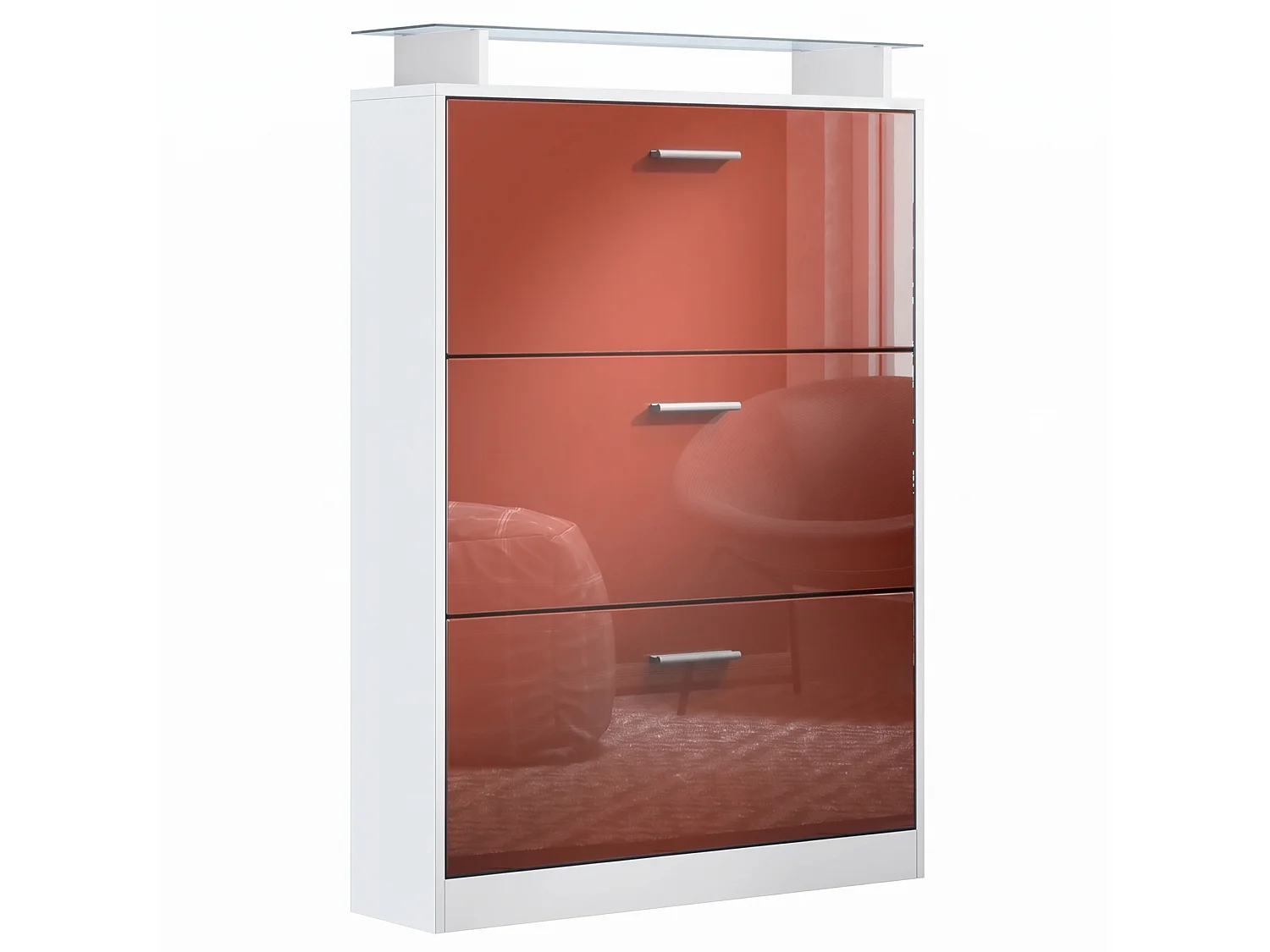 Meuble à chaussures Lavia, basculant pour 24 paires de chaussures avec 3 clapets et étagère en verre, Blanc mat/Bordeaux haute brillance (89 x 128 x 23 cm)