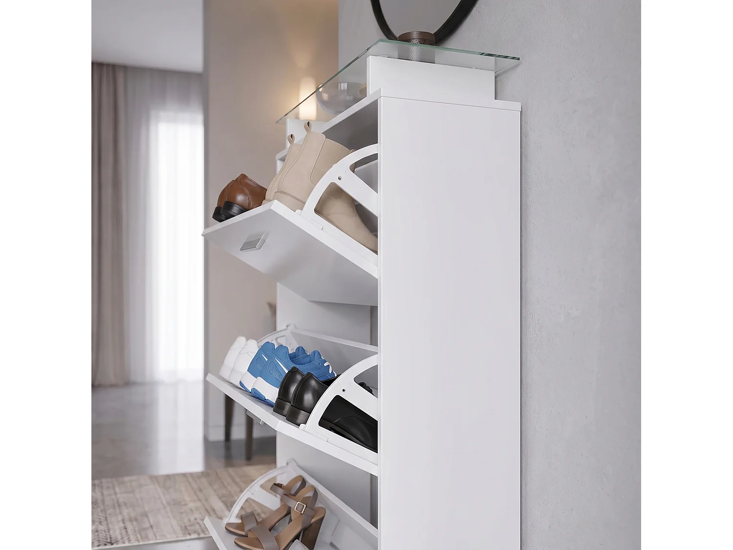 Meuble à chaussures Lavia, basculant pour 24 paires de chaussures avec 3 clapets et étagère en verre, Blanc mat/Bordeaux haute brillance (89 x 128 x 23 cm)