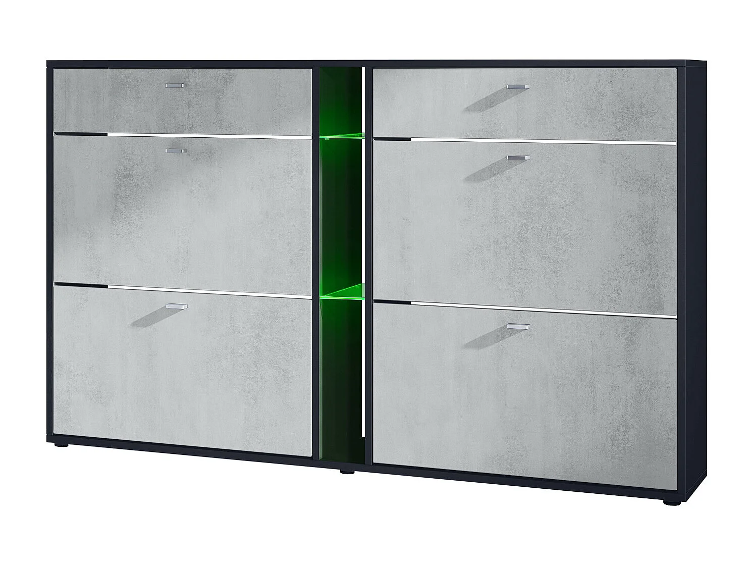 Scarpiera Today con 4 ante e 2 cassetti 155,5 x 95 x 28 cm, con illuminazione a LED RGB, struttura in nero opaco, frontali in ottica cermento ossido