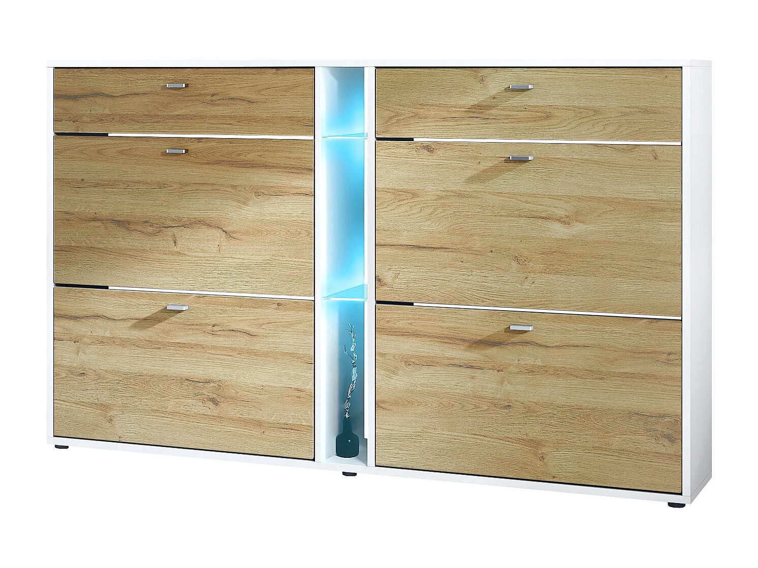 Meuble à chaussures à bascule Today 155,5 x 95 x 28 cm, avec un éclairage LED bleu, corps en Blanc mat, façades en chêne nature