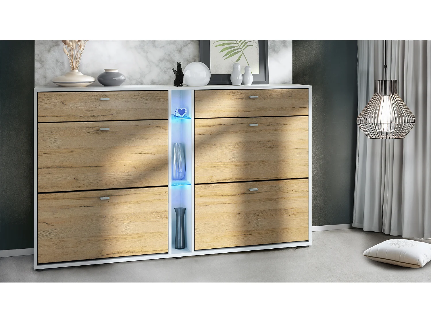 Meuble à chaussures à bascule Today 155,5 x 95 x 28 cm, avec un éclairage LED bleu, corps en Blanc mat, façades en chêne nature