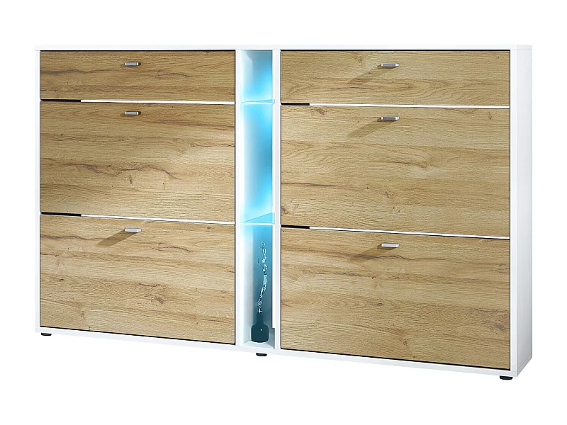 Zapatero con solapas Today 155,5 x 95 x 28 cm, con iluminación LED azul, estructura en Blanco mate, frentes en roble natural