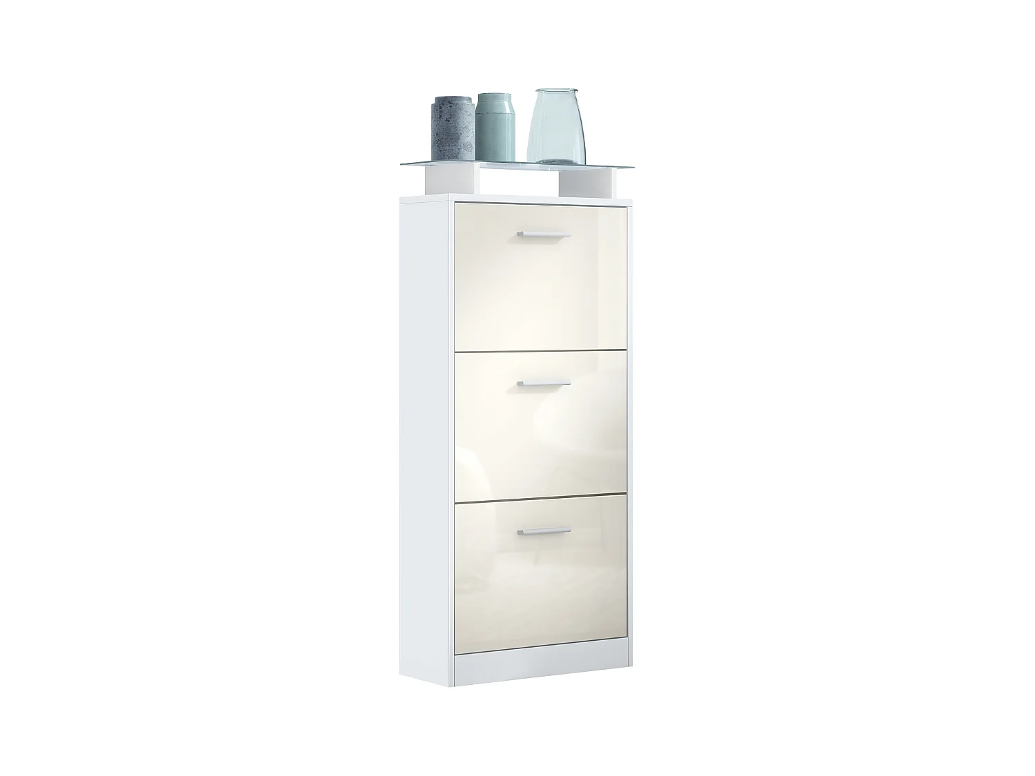 Meuble à Chaussures Lavia V2, Range-Chaussures pour 12 Paires avec 3 Abattants et Étagère en Verre, blanc mat/crème haute brillance (46 x 128 x 23 cm)