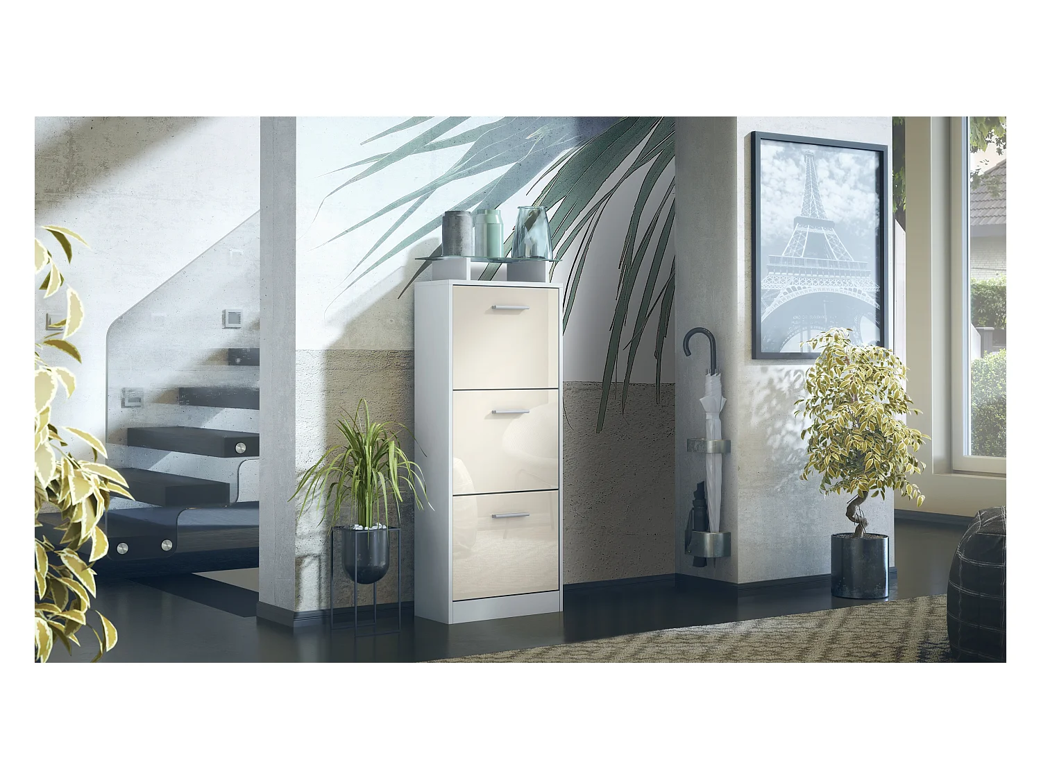 Meuble à Chaussures Lavia V2, Range-Chaussures pour 12 Paires avec 3 Abattants et Étagère en Verre, blanc mat/crème haute brillance (46 x 128 x 23 cm)