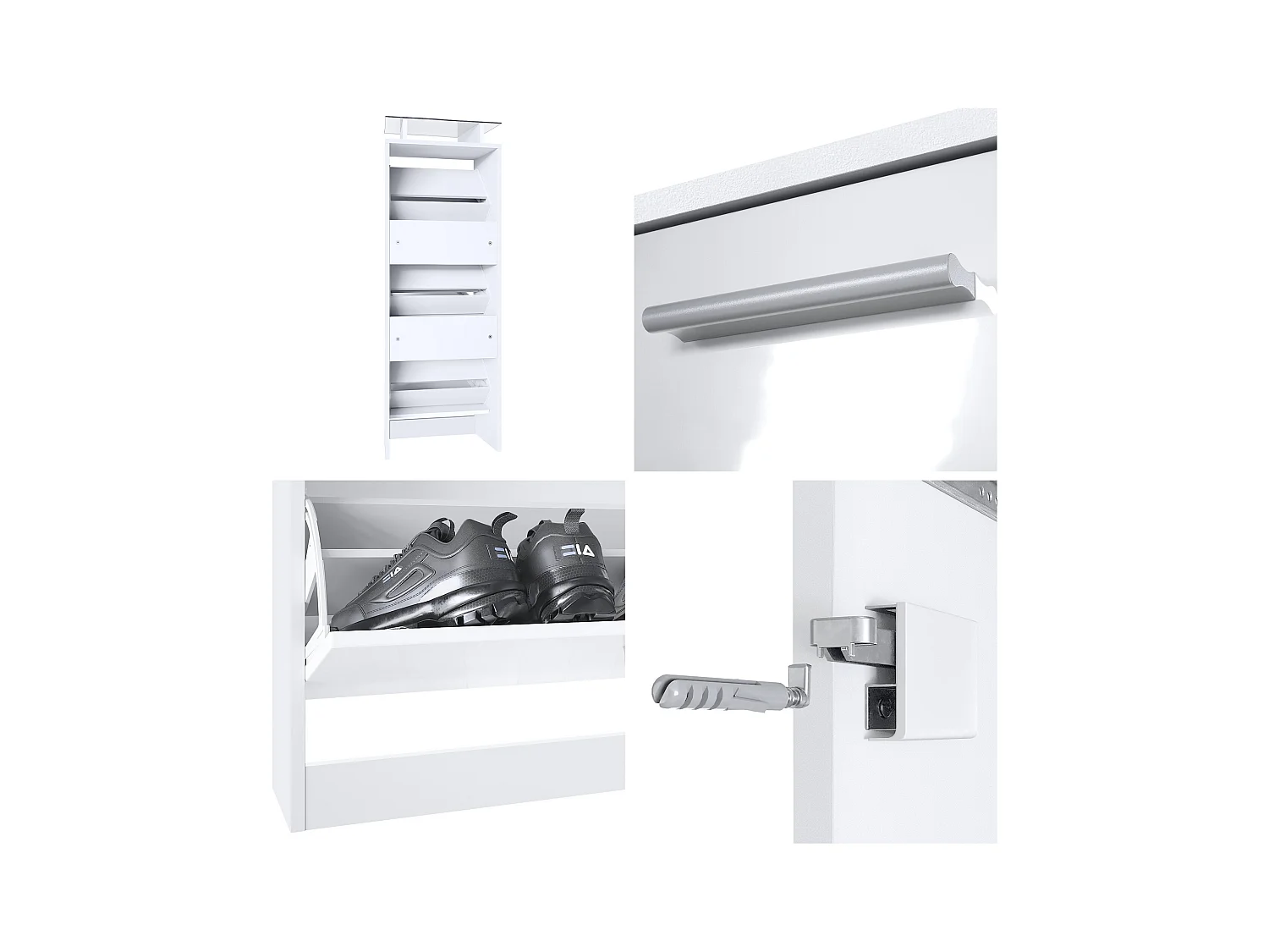 Meuble à Chaussures Lavia V2, Range-Chaussures pour 12 Paires avec 3 Abattants et Étagère en Verre, blanc mat/crème haute brillance (46 x 128 x 23 cm)