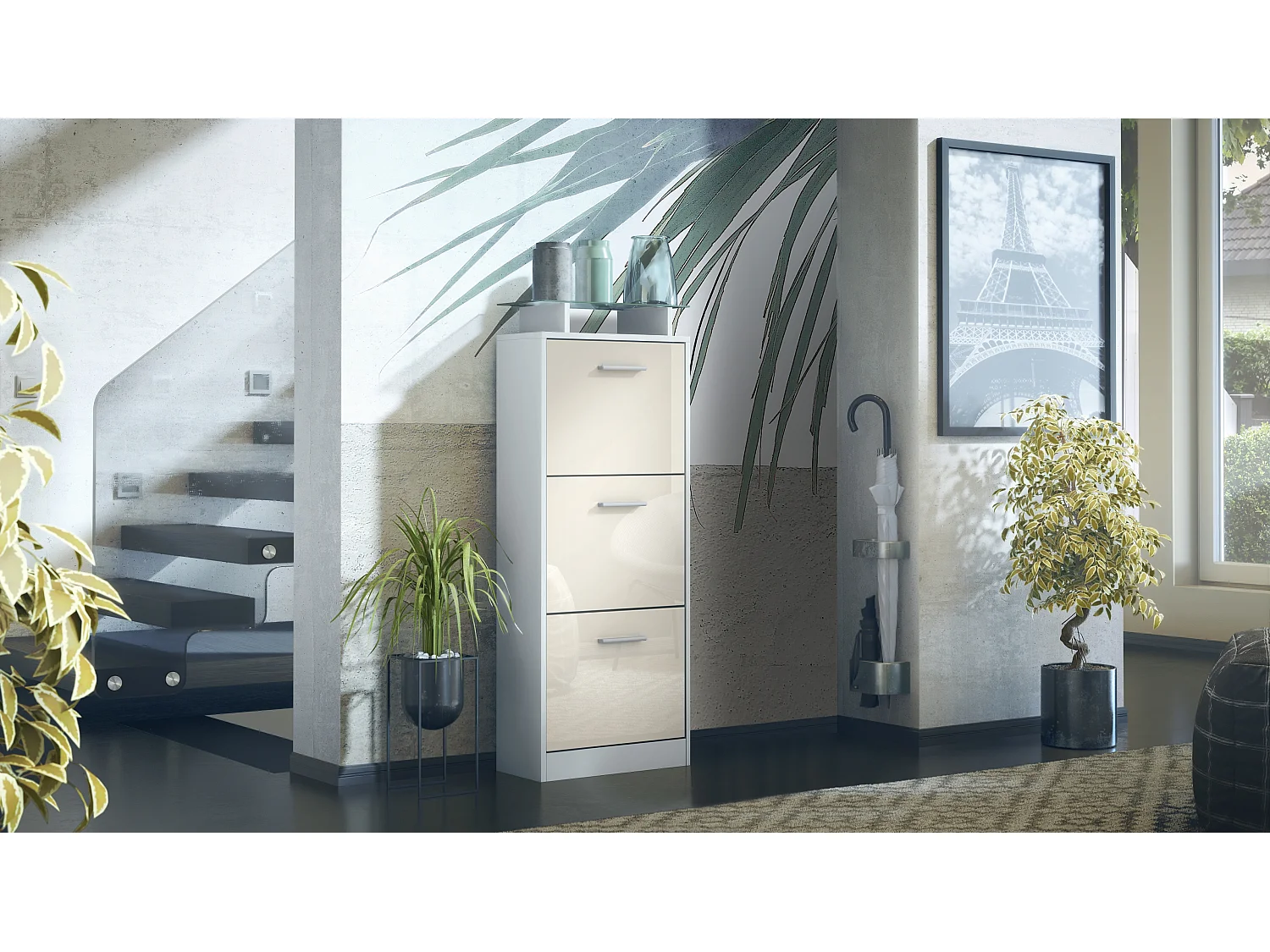 Vladon Scarpiera Lavia V2, Scarpiera per 12 Paia di Scarpe con 3 Ribalte e Mensola in Vetro, bianco opaco/beige lucido (46 x 128 x 23 cm)