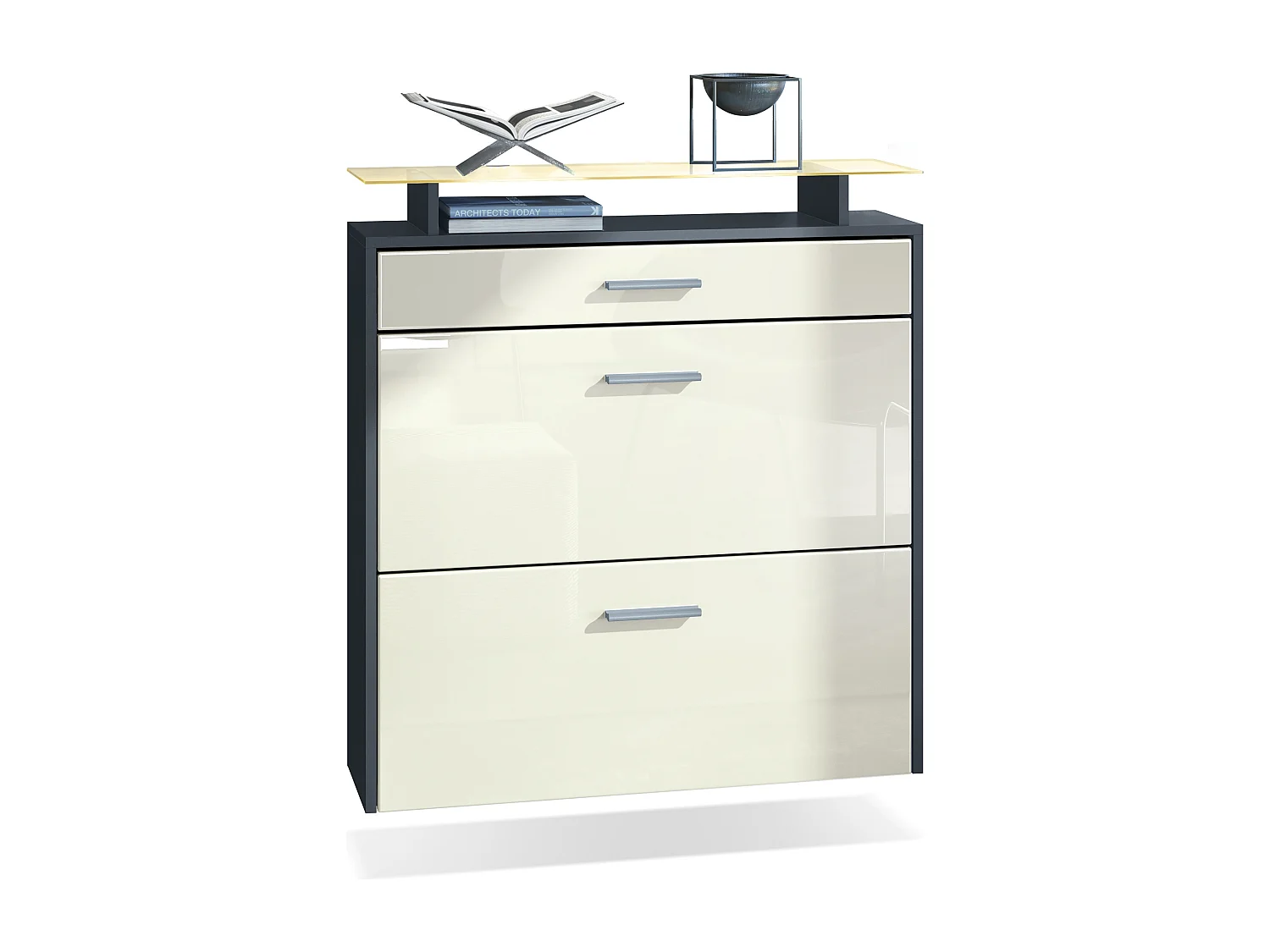 Scarpiera Vladon Malea, antracite opaco /beige lucido incl. LED - carrello appeso per 16 paia di scarpe (89 x 96 x 23 cm)