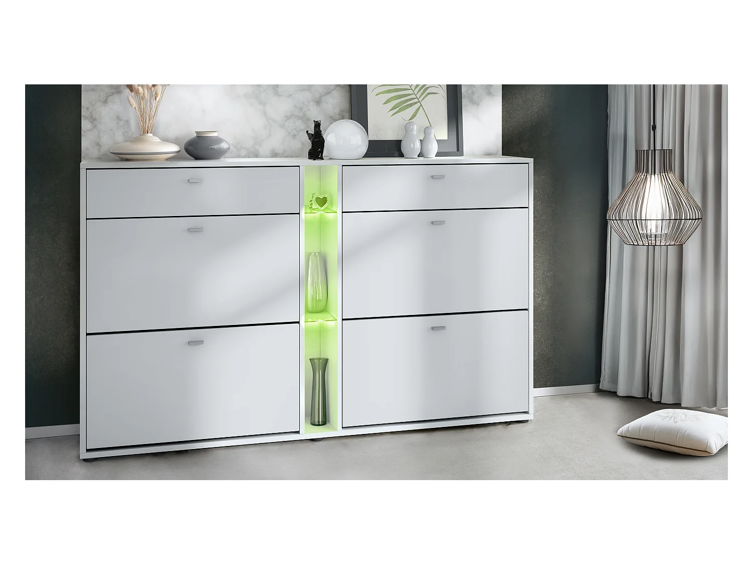 Meuble à chaussures à bascule Today 155,5 x 95 x 28 cm, avec un éclairage LED RGB, corps en Blanc mat, façades en blanc mat