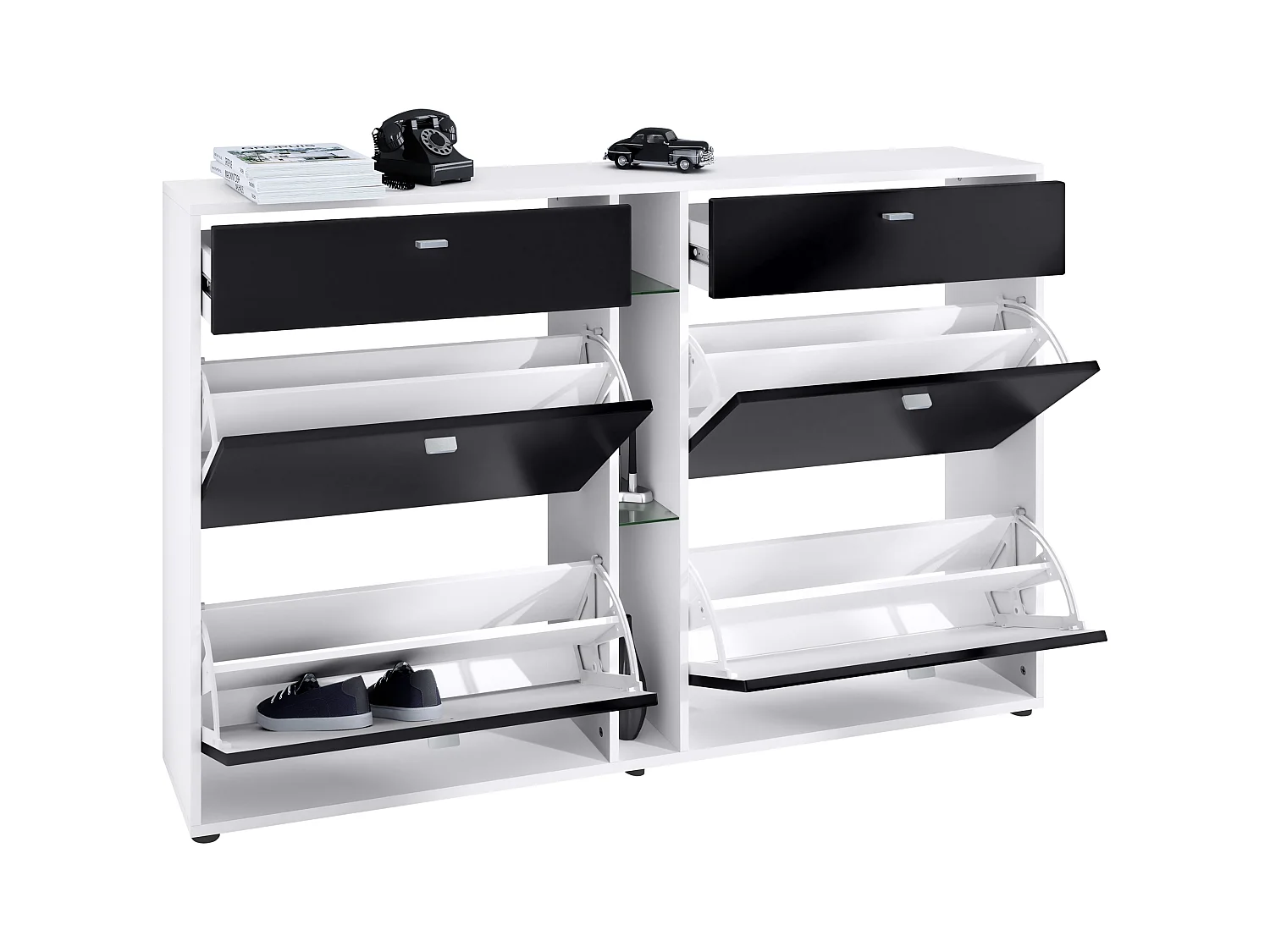 Meuble à chaussures à bascule Today 155,5 x 95 x 28 cm, avec un éclairage LED RGB, corps en Blanc mat, façades en blanc mat