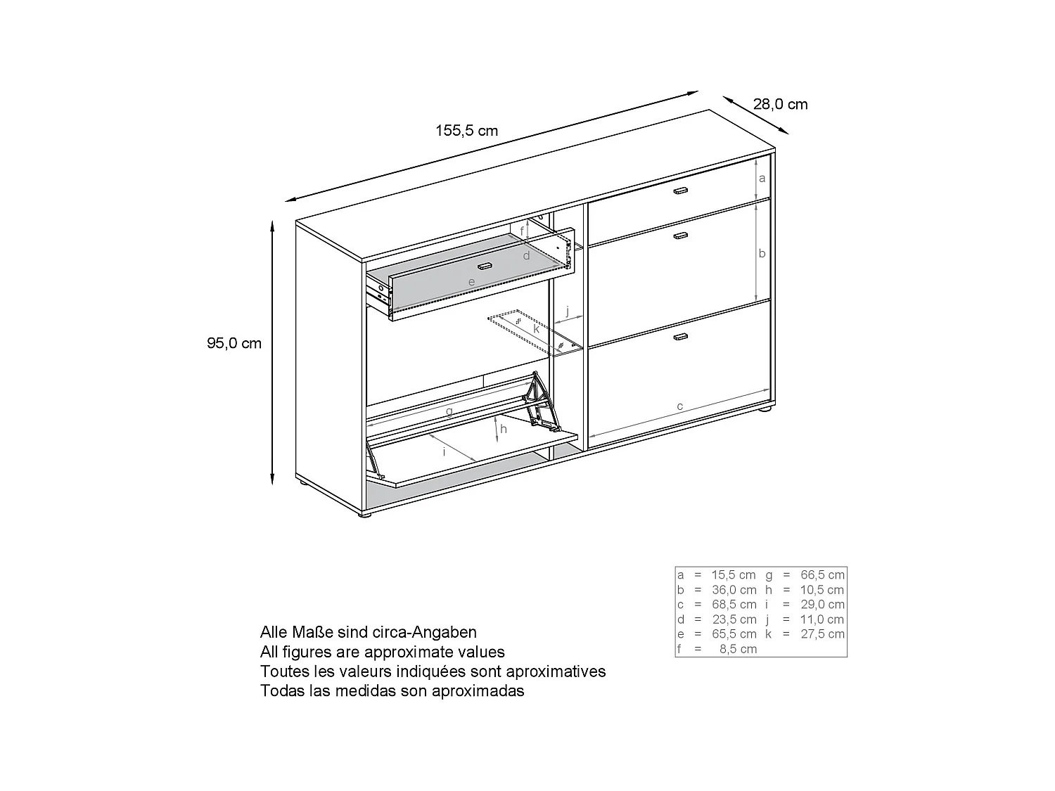 Meuble à chaussures à bascule Today 155,5 x 95 x 28 cm, avec un éclairage LED RGB, corps en Blanc mat, façades en blanc mat